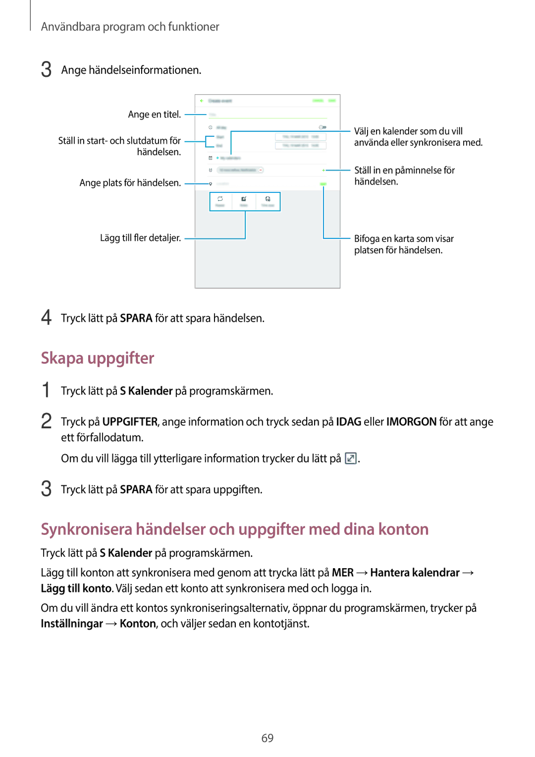 Samsung SM-P550NZWANEE Skapa uppgifter, Synkronisera händelser och uppgifter med dina konton, Ange händelseinformationen 