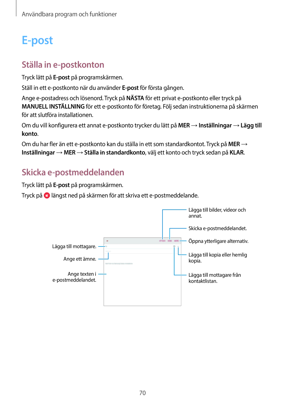 Samsung SM-P550NZAANEE, SM-P550NZWANEE, SM-P550NZBANEE manual Post, Ställa in e-postkonton, Skicka e-postmeddelanden 