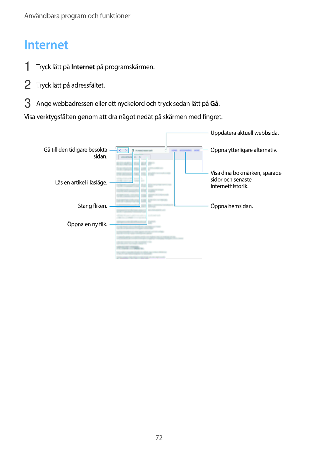 Samsung SM-P550NZWANEE, SM-P550NZAANEE manual Tryck lätt på Internet på programskärmen, Tryck lätt på adressfältet 