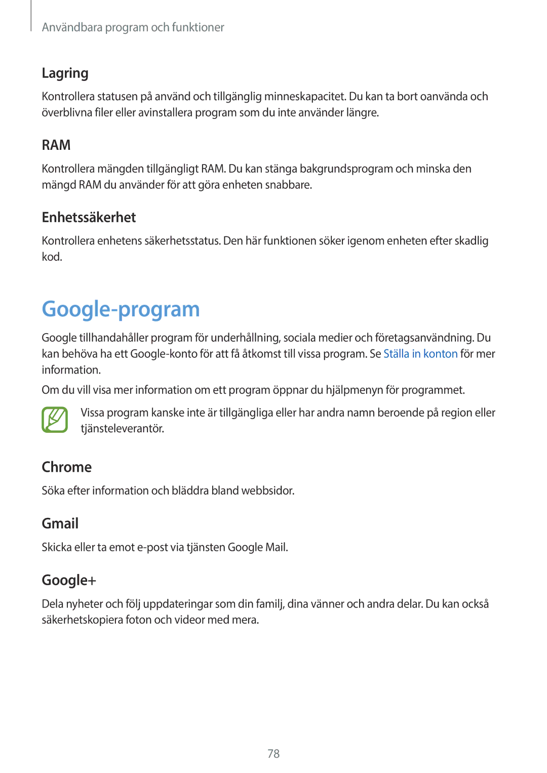 Samsung SM-P550NZWANEE manual Google-program, Lagring, Enhetssäkerhet, Söka efter information och bläddra bland webbsidor 