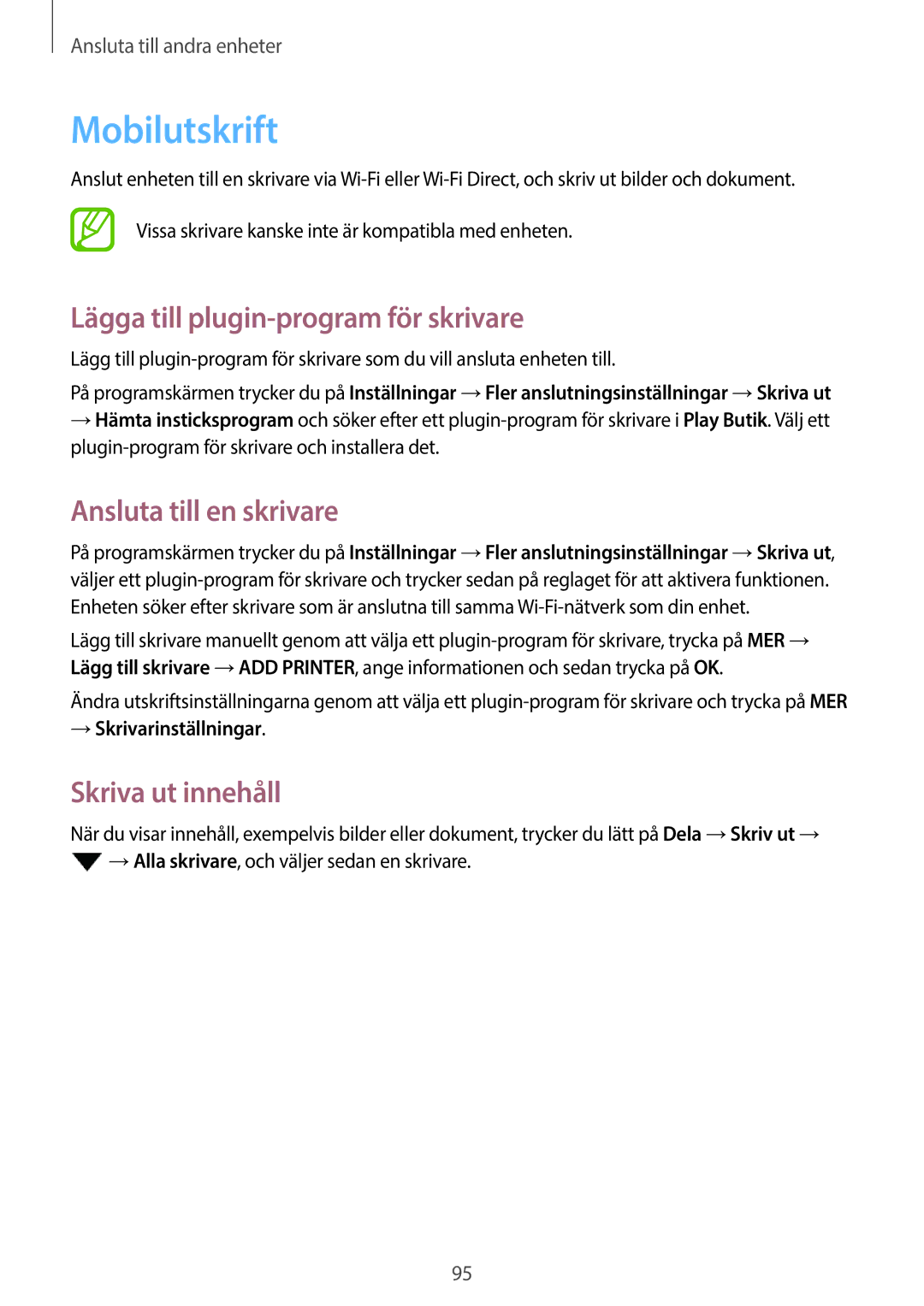 Samsung SM-P550NZBANEE Mobilutskrift, Lägga till plugin-program för skrivare, Ansluta till en skrivare, Skriva ut innehåll 