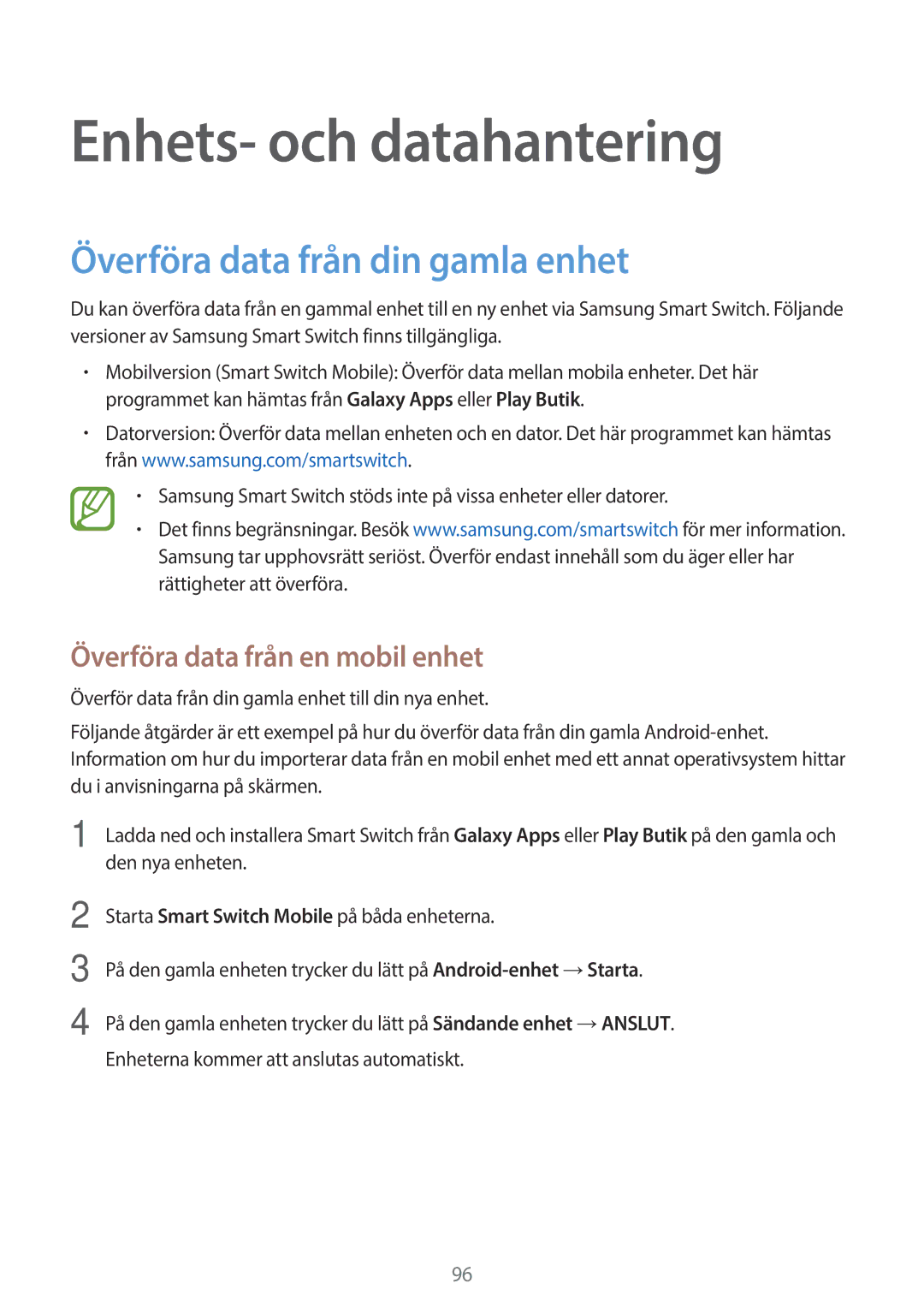 Samsung SM-P550NZWANEE Enhets- och datahantering, Överföra data från din gamla enhet, Överföra data från en mobil enhet 