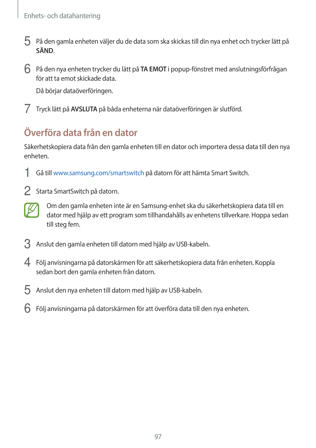 Samsung SM-P550NZAANEE, SM-P550NZWANEE, SM-P550NZBANEE manual Överföra data från en dator, Enhets- och datahantering 