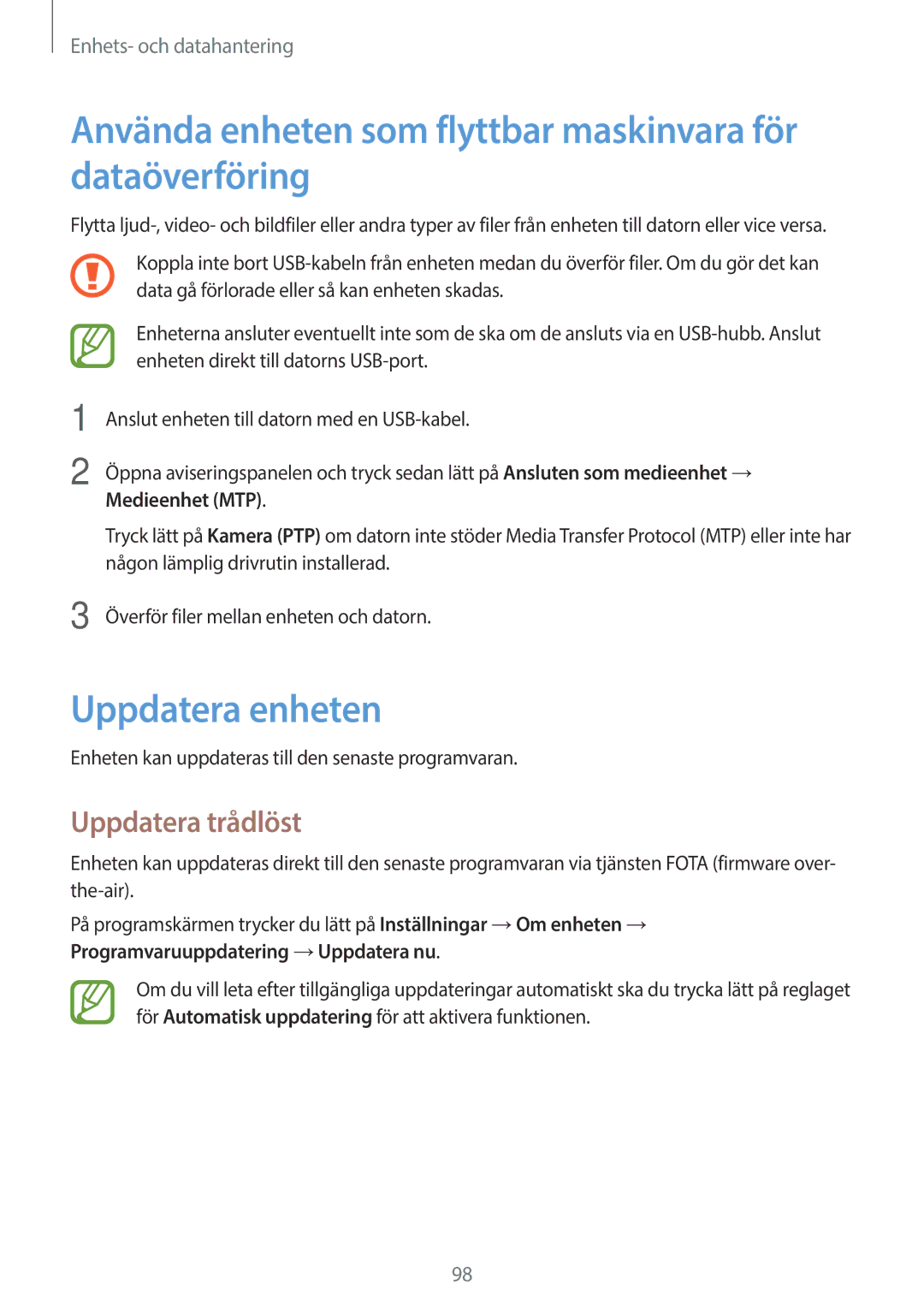 Samsung SM-P550NZBANEE Använda enheten som flyttbar maskinvara för dataöverföring, Uppdatera enheten, Uppdatera trådlöst 