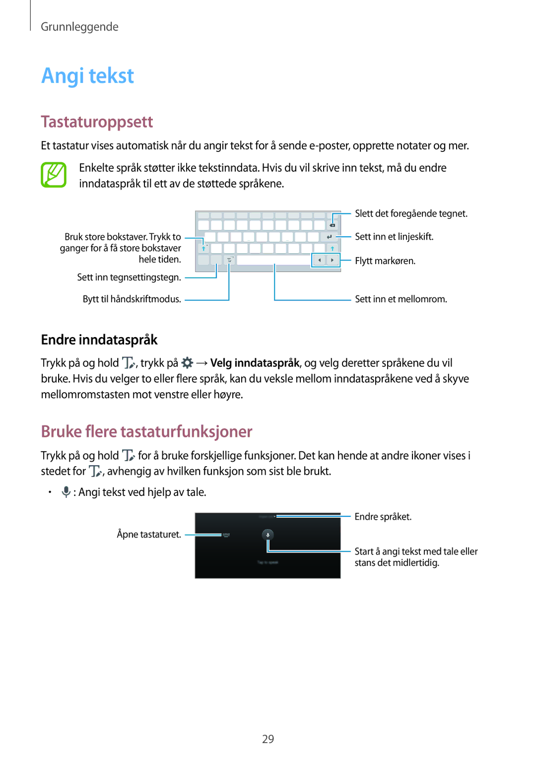 Samsung SM-P550NZBANEE, SM-P550NZWANEE Angi tekst, Tastaturoppsett, Bruke flere tastaturfunksjoner, Endre inndataspråk 