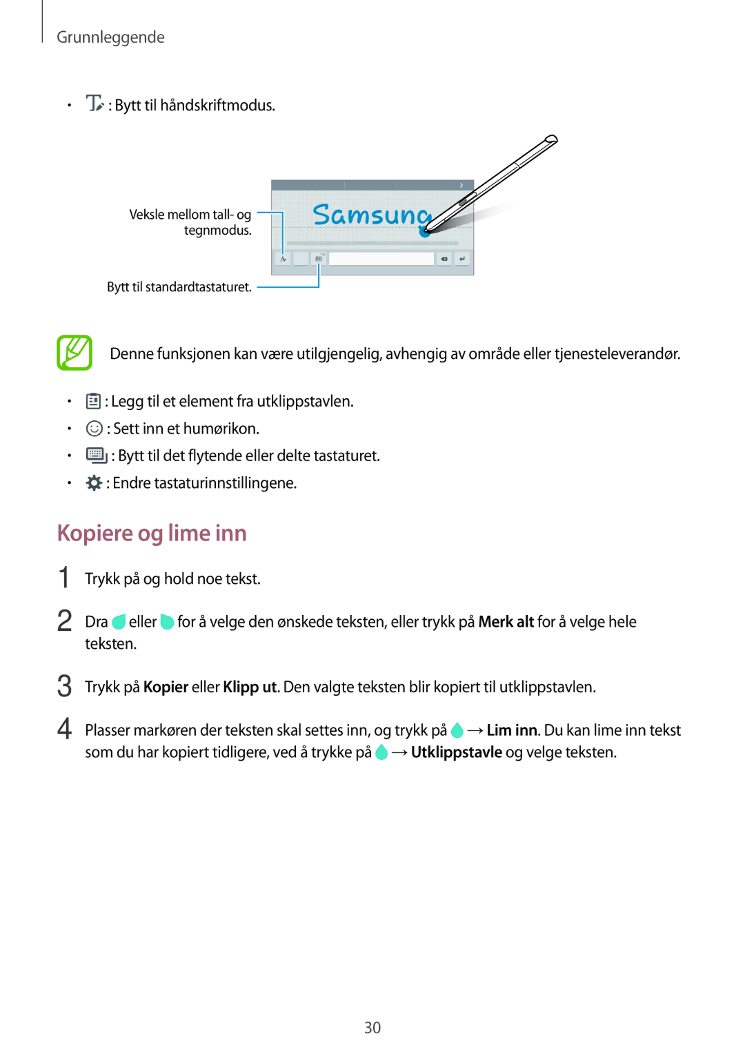 Samsung SM-P550NZWANEE, SM-P550NZAANEE, SM-P550NZBANEE manual Kopiere og lime inn, Bytt til håndskriftmodus 