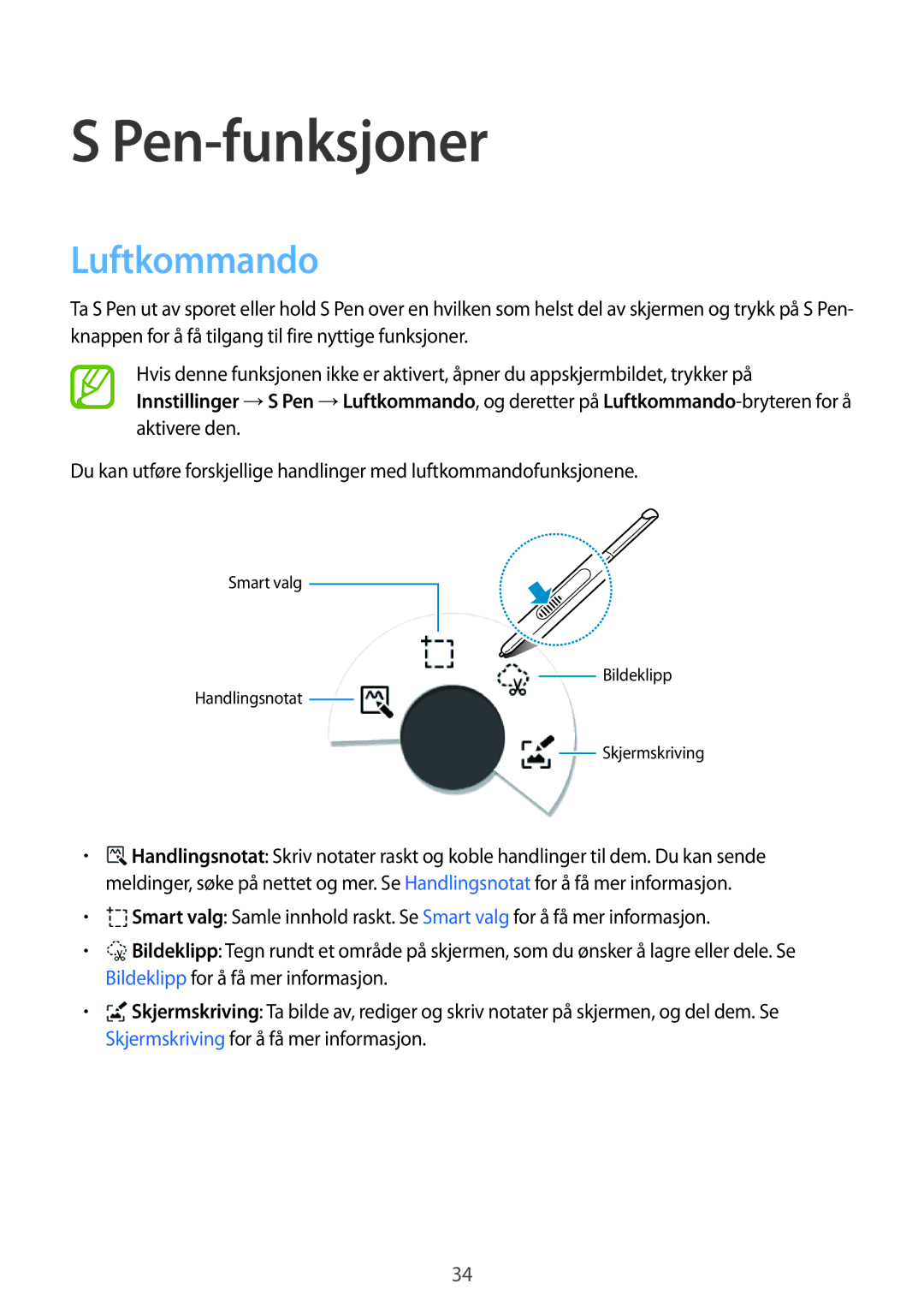 Samsung SM-P550NZAANEE, SM-P550NZWANEE, SM-P550NZBANEE manual Pen-funksjoner, Luftkommando 