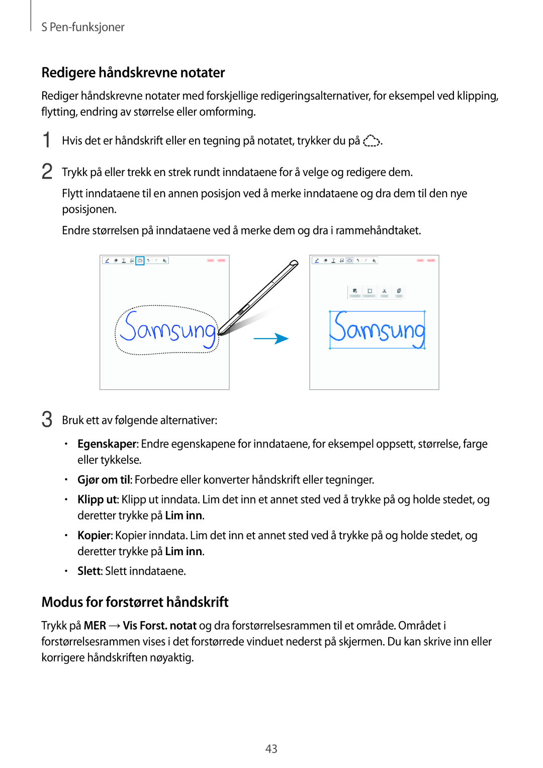 Samsung SM-P550NZAANEE, SM-P550NZWANEE, SM-P550NZBANEE manual Redigere håndskrevne notater, Modus for forstørret håndskrift 