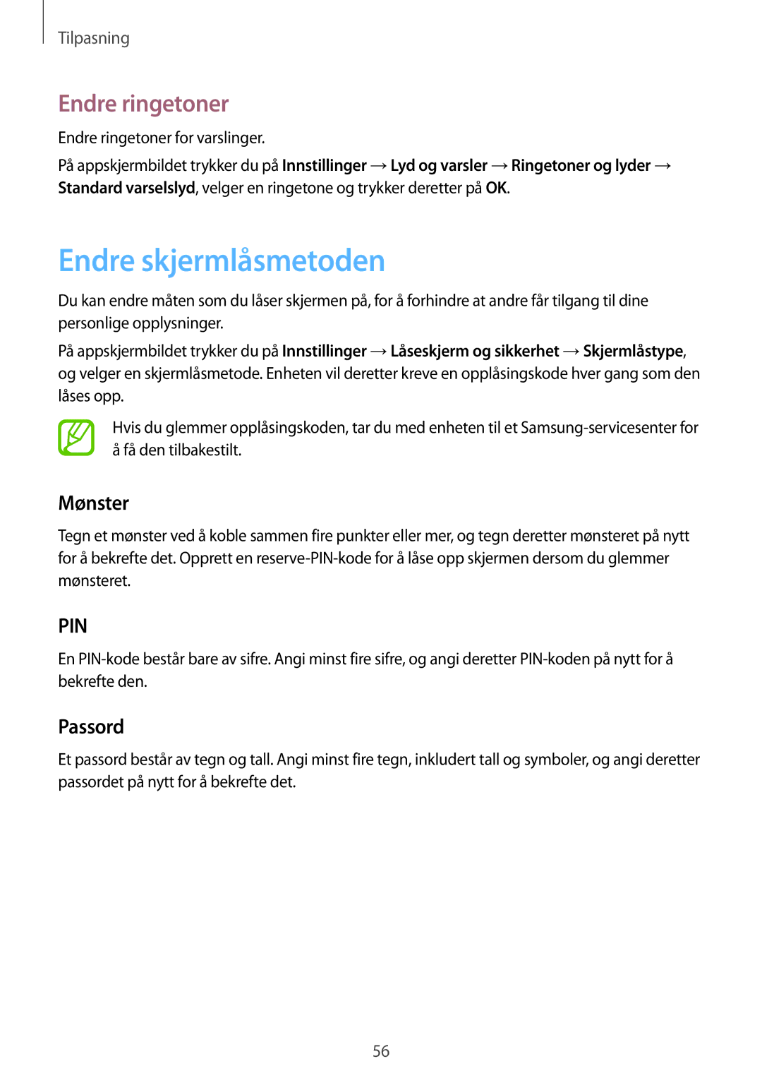 Samsung SM-P550NZBANEE, SM-P550NZWANEE manual Endre skjermlåsmetoden, Mønster, Passord, Endre ringetoner for varslinger 