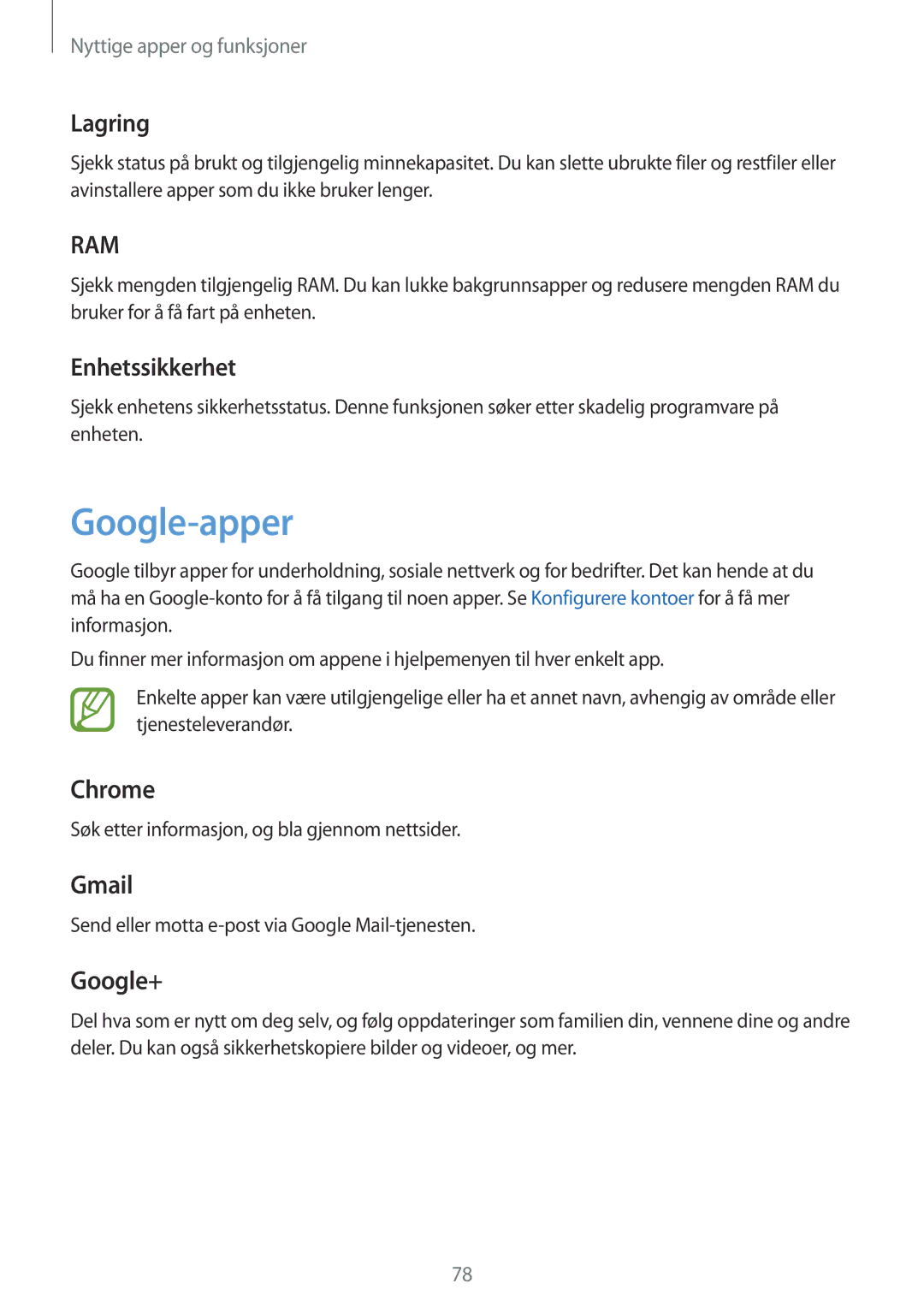 Samsung SM-P550NZWANEE manual Google-apper, Lagring, Enhetssikkerhet, Søk etter informasjon, og bla gjennom nettsider 