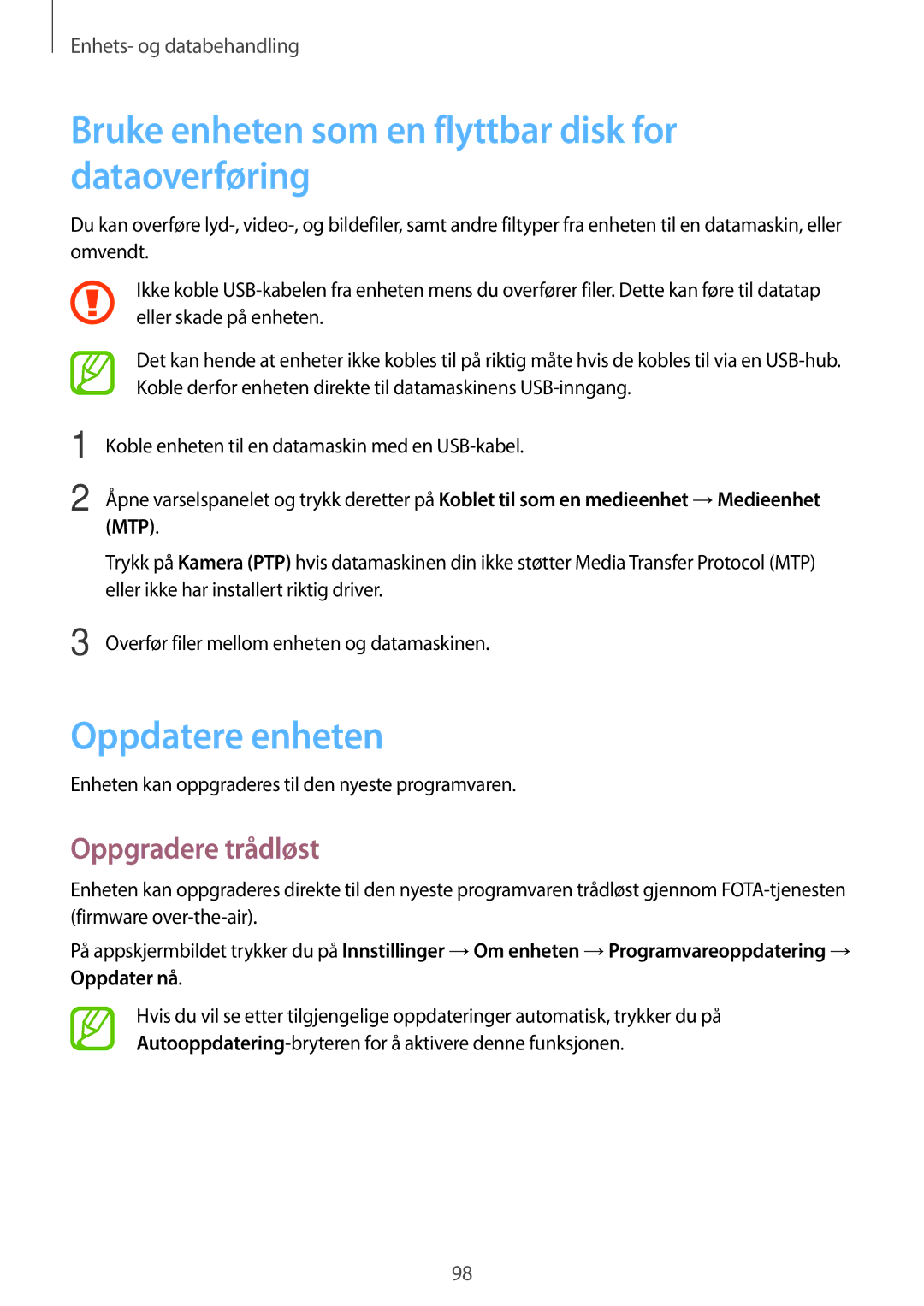 Samsung SM-P550NZBANEE manual Bruke enheten som en flyttbar disk for dataoverføring, Oppdatere enheten, Oppgradere trådløst 