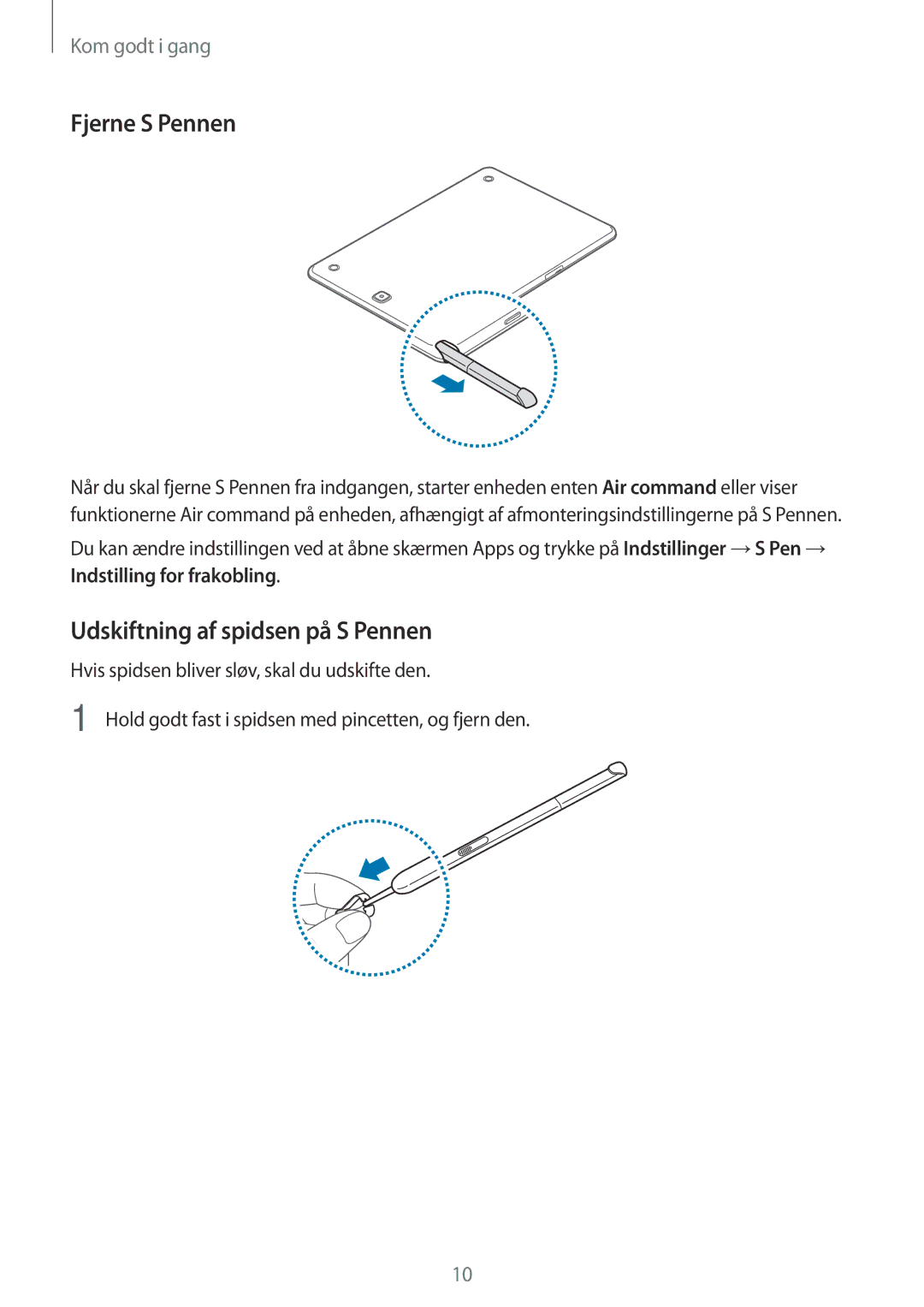 Samsung SM-P550NZAANEE, SM-P550NZWANEE, SM-P550NZBANEE manual Fjerne S Pennen, Udskiftning af spidsen på S Pennen 