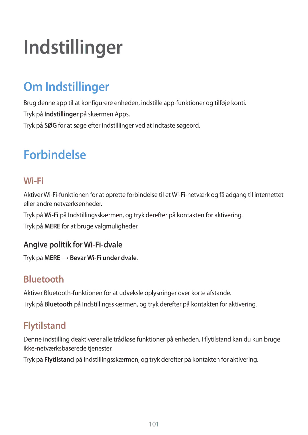 Samsung SM-P550NZBANEE, SM-P550NZWANEE, SM-P550NZAANEE manual Om Indstillinger, Forbindelse 