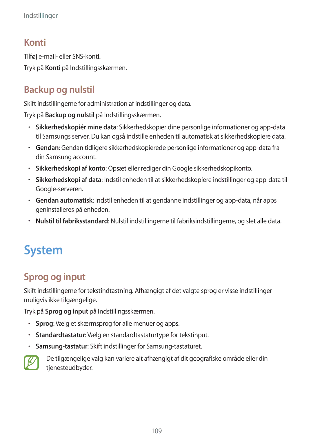 Samsung SM-P550NZAANEE, SM-P550NZWANEE, SM-P550NZBANEE manual System, Konti, Backup og nulstil, Sprog og input 