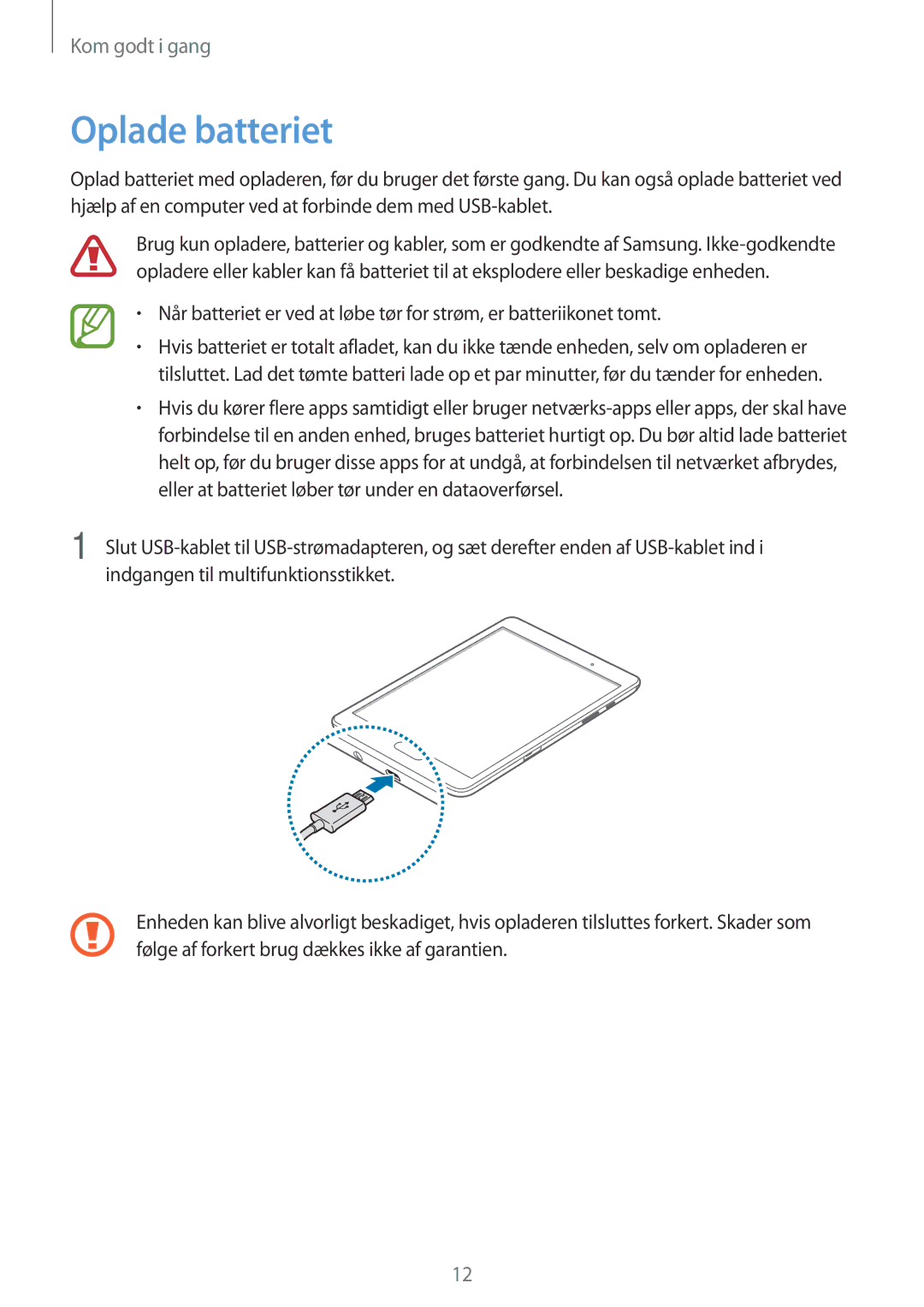 Samsung SM-P550NZWANEE, SM-P550NZAANEE, SM-P550NZBANEE manual Oplade batteriet 