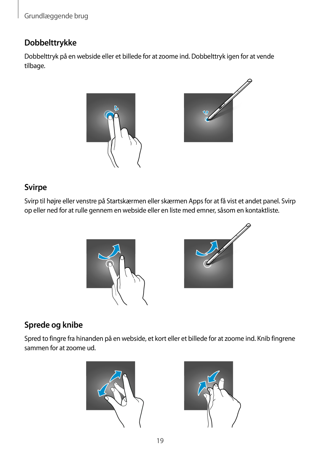 Samsung SM-P550NZAANEE, SM-P550NZWANEE, SM-P550NZBANEE manual Dobbelttrykke, Svirpe, Sprede og knibe 