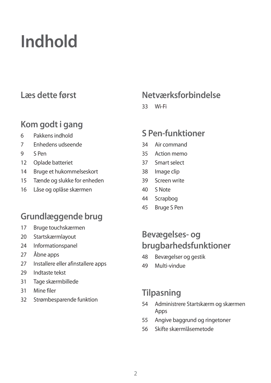 Samsung SM-P550NZBANEE, SM-P550NZWANEE, SM-P550NZAANEE manual Indhold, Wi-Fi, 48 Bevægelser og gestik Multi-vindue 