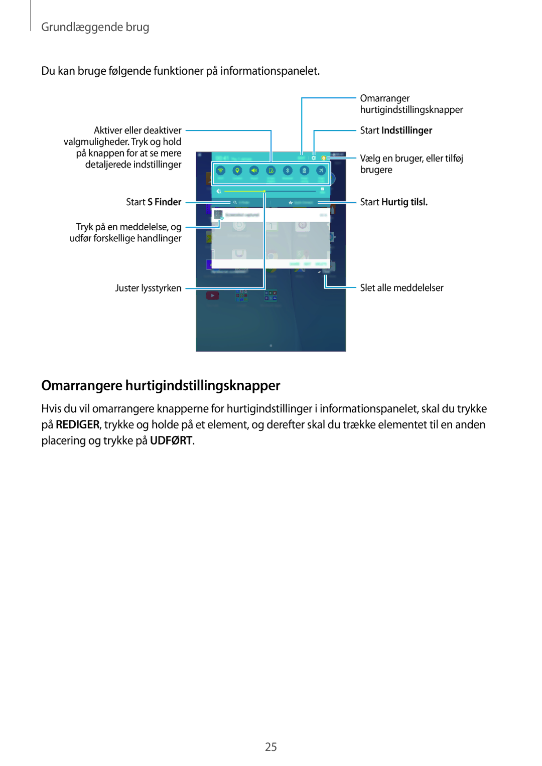 Samsung SM-P550NZAANEE Omarrangere hurtigindstillingsknapper, Du kan bruge følgende funktioner på informationspanelet 