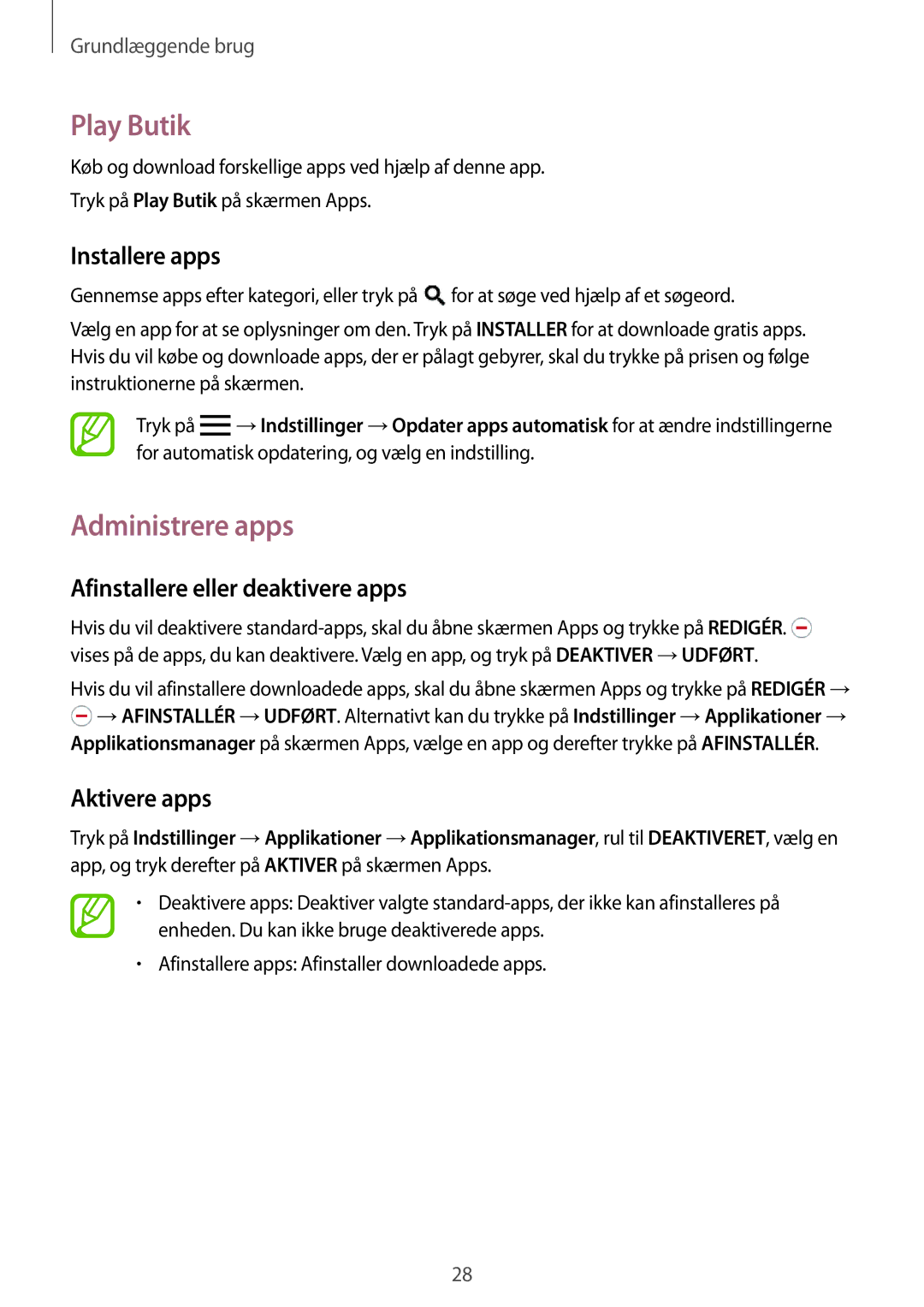 Samsung SM-P550NZAANEE, SM-P550NZWANEE Play Butik, Administrere apps, Afinstallere eller deaktivere apps, Aktivere apps 