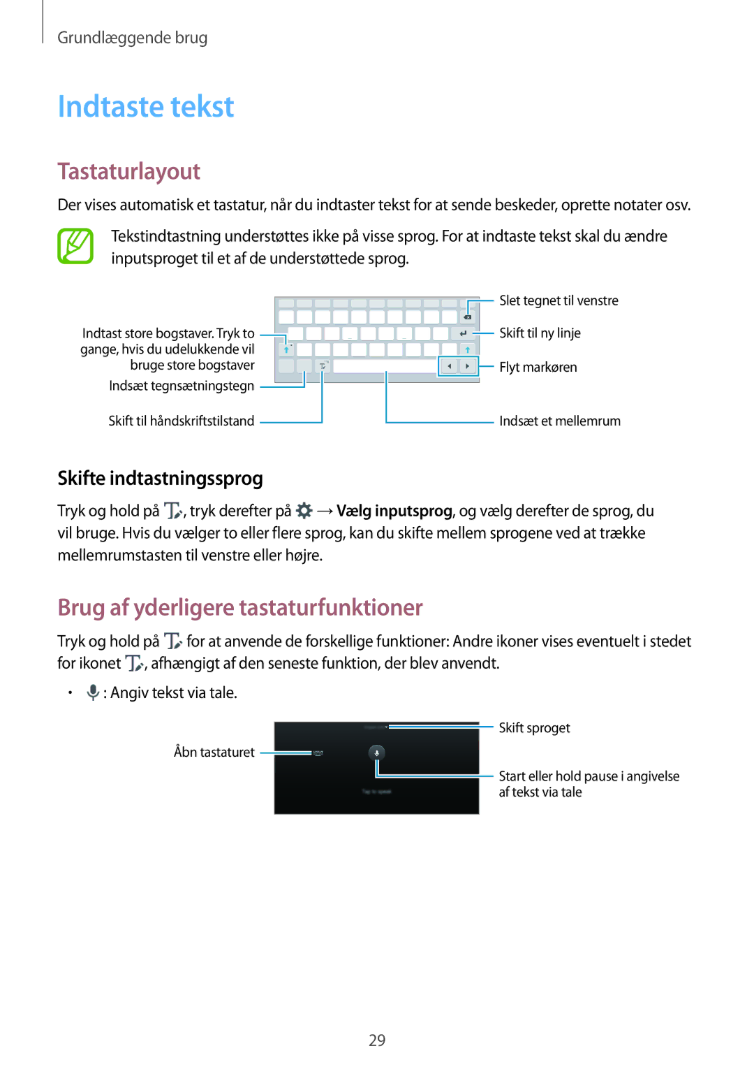 Samsung SM-P550NZBANEE Indtaste tekst, Tastaturlayout, Brug af yderligere tastaturfunktioner, Skifte indtastningssprog 