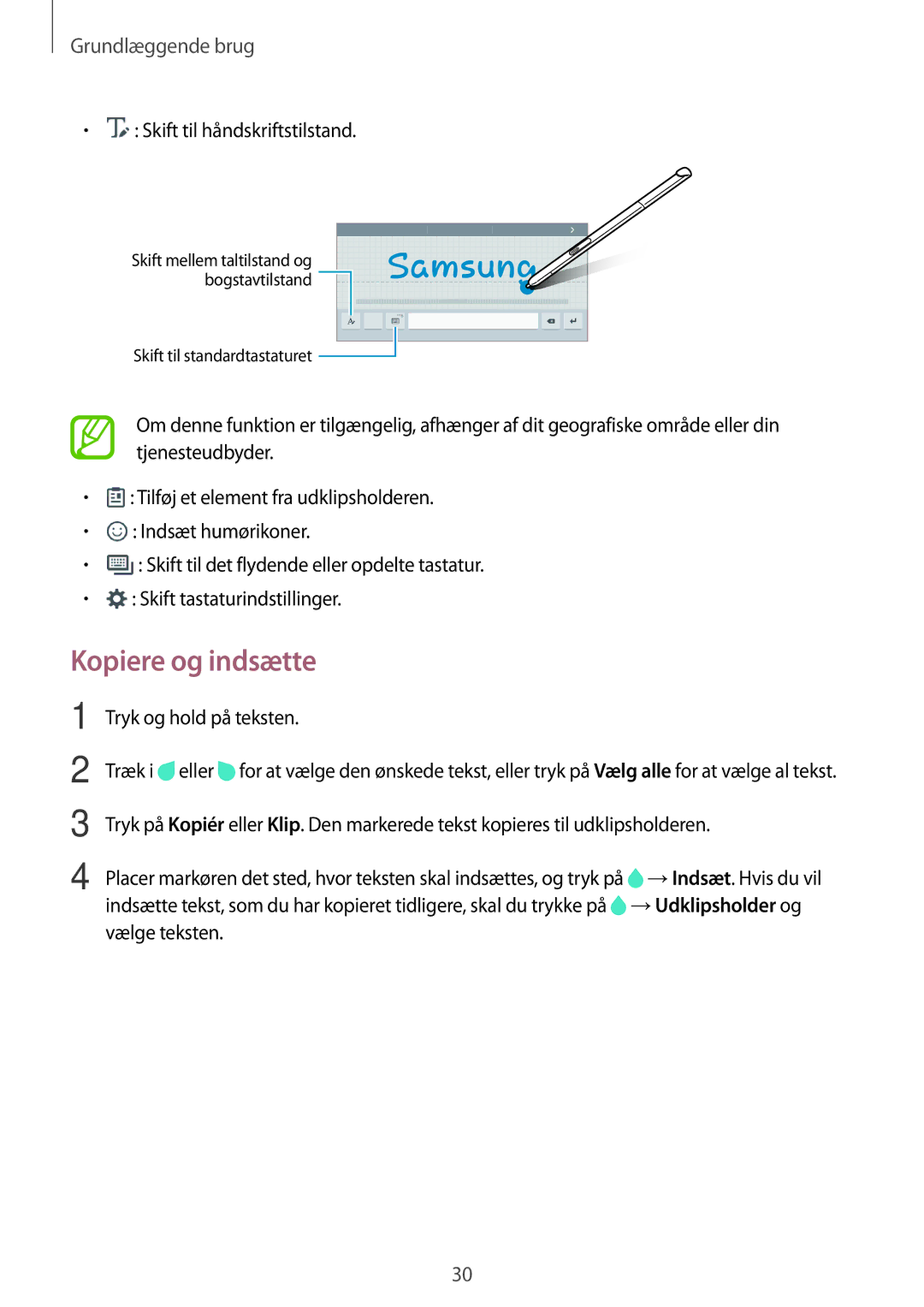 Samsung SM-P550NZWANEE, SM-P550NZAANEE manual Kopiere og indsætte, Skift til håndskriftstilstand, Tryk og hold på teksten 