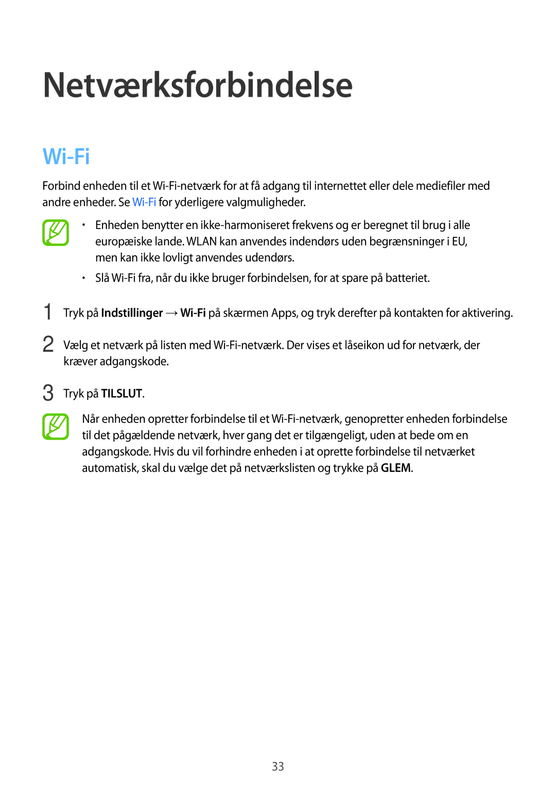 Samsung SM-P550NZWANEE, SM-P550NZAANEE, SM-P550NZBANEE manual Netværksforbindelse, Wi-Fi 