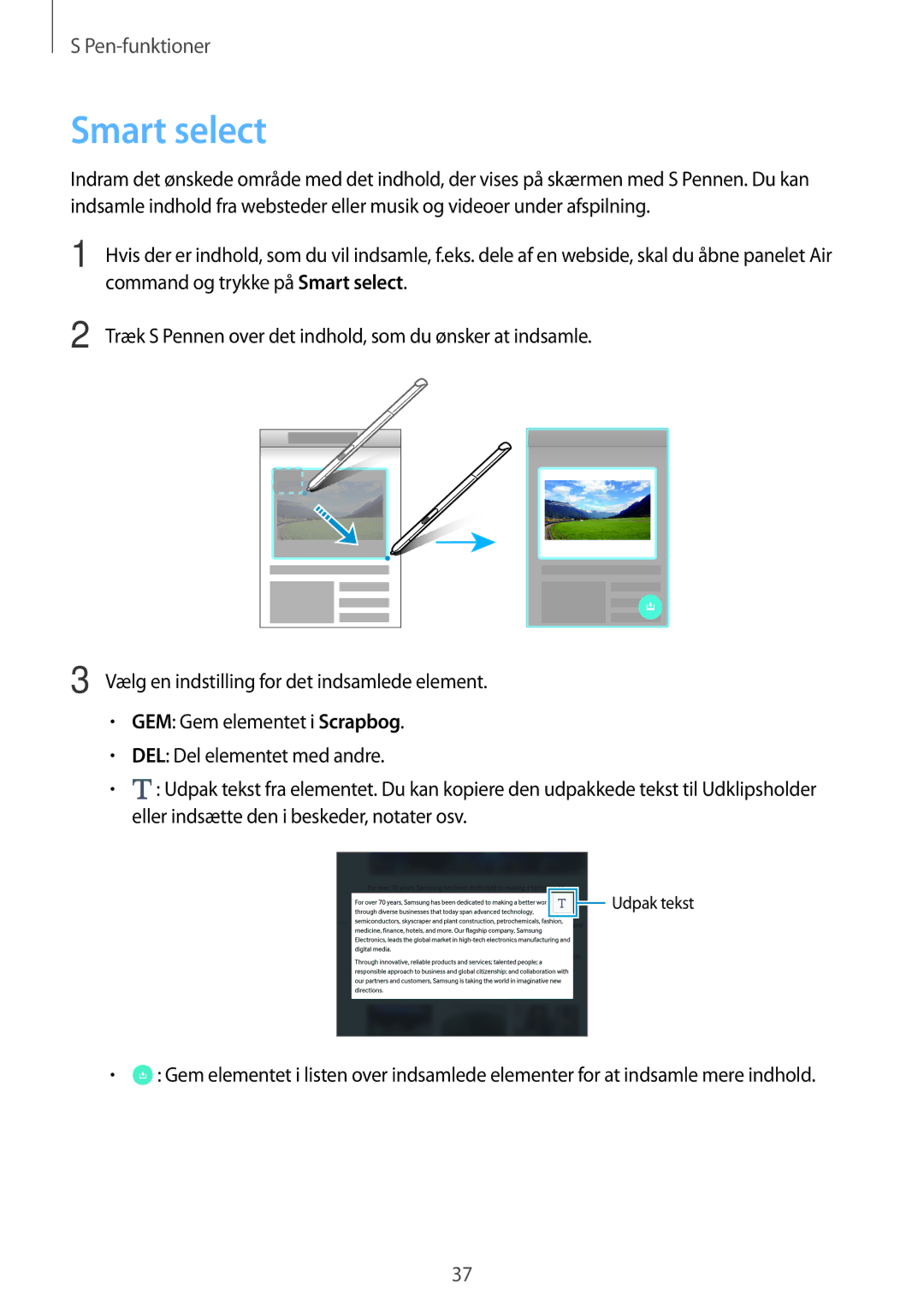 Samsung SM-P550NZAANEE Command og trykke på Smart select, Træk S Pennen over det indhold, som du ønsker at indsamle 