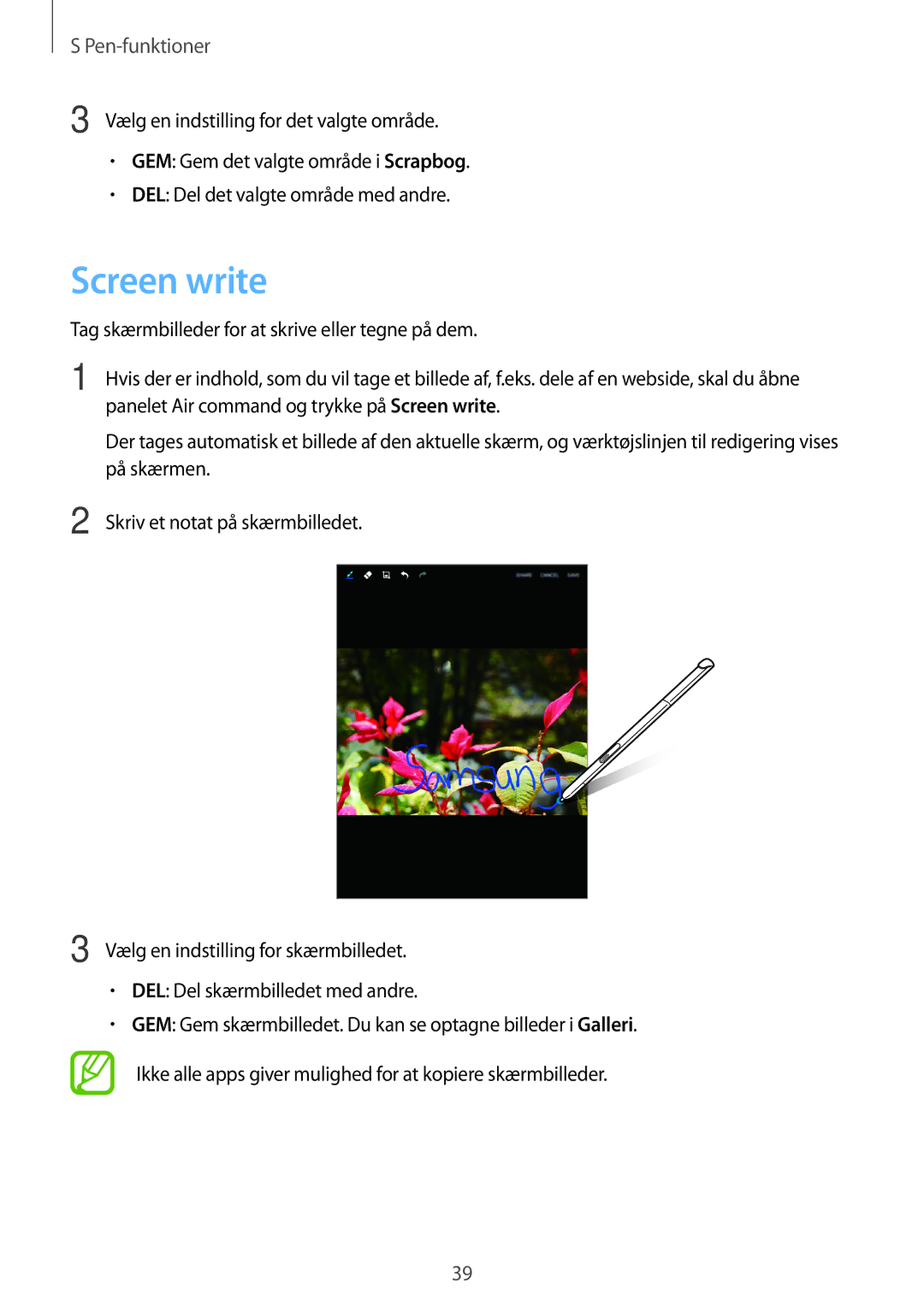 Samsung SM-P550NZWANEE Screen write, Tag skærmbilleder for at skrive eller tegne på dem, Skriv et notat på skærmbilledet 