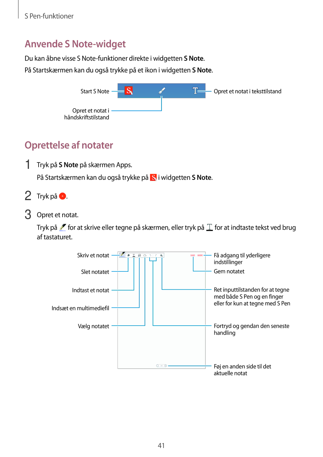 Samsung SM-P550NZBANEE, SM-P550NZWANEE, SM-P550NZAANEE manual Anvende S Note-widget, Oprettelse af notater 