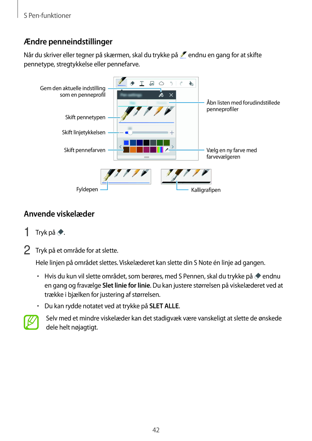 Samsung SM-P550NZWANEE, SM-P550NZAANEE manual Ændre penneindstillinger, Anvende viskelæder, Endnu en gang for at skifte 