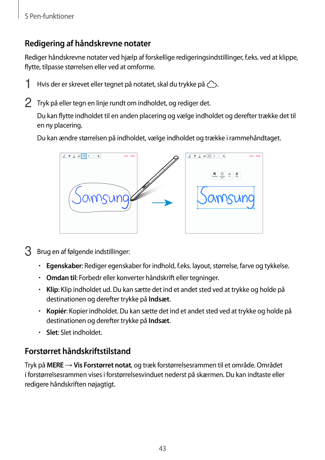 Samsung SM-P550NZAANEE, SM-P550NZWANEE, SM-P550NZBANEE Redigering af håndskrevne notater, Forstørret håndskriftstilstand 