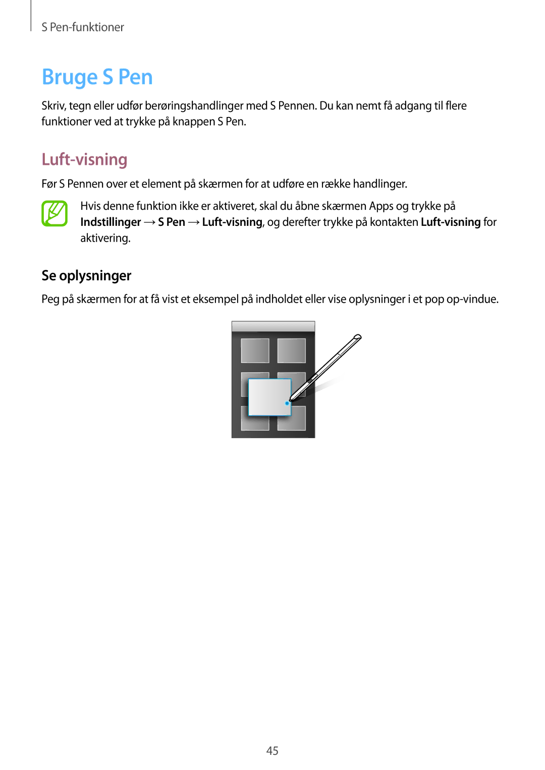 Samsung SM-P550NZWANEE, SM-P550NZAANEE, SM-P550NZBANEE manual Bruge S Pen, Luft-visning, Se oplysninger 