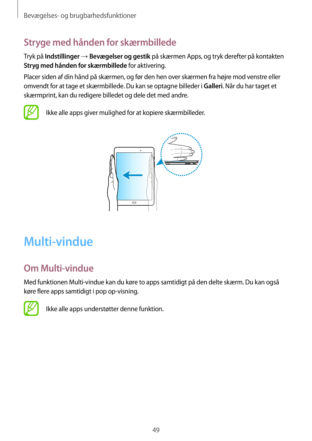 Samsung SM-P550NZAANEE, SM-P550NZWANEE, SM-P550NZBANEE manual Stryge med hånden for skærmbillede, Om Multi-vindue 