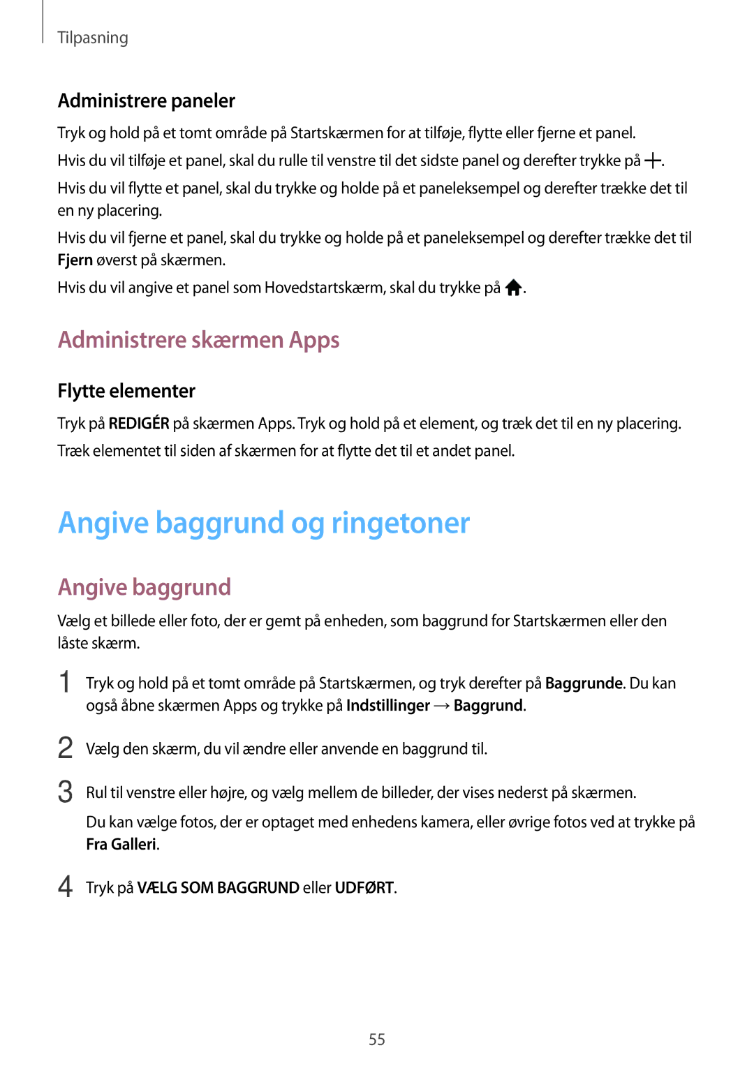Samsung SM-P550NZAANEE Angive baggrund og ringetoner, Administrere skærmen Apps, Administrere paneler, Flytte elementer 