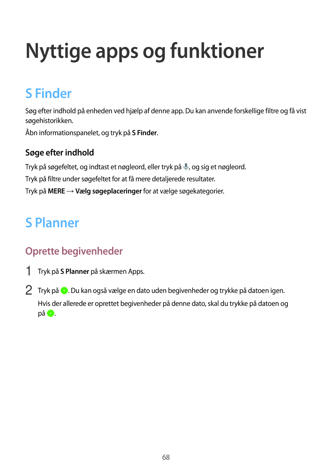 Samsung SM-P550NZBANEE manual Nyttige apps og funktioner, Finder, Planner, Oprette begivenheder, Søge efter indhold 