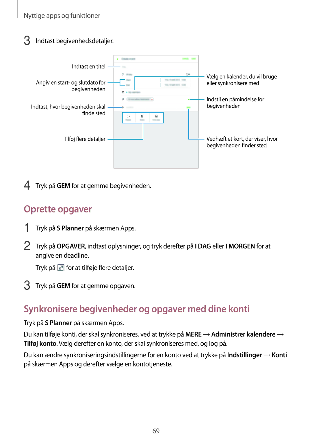 Samsung SM-P550NZWANEE Oprette opgaver, Synkronisere begivenheder og opgaver med dine konti, Indtast begivenhedsdetaljer 