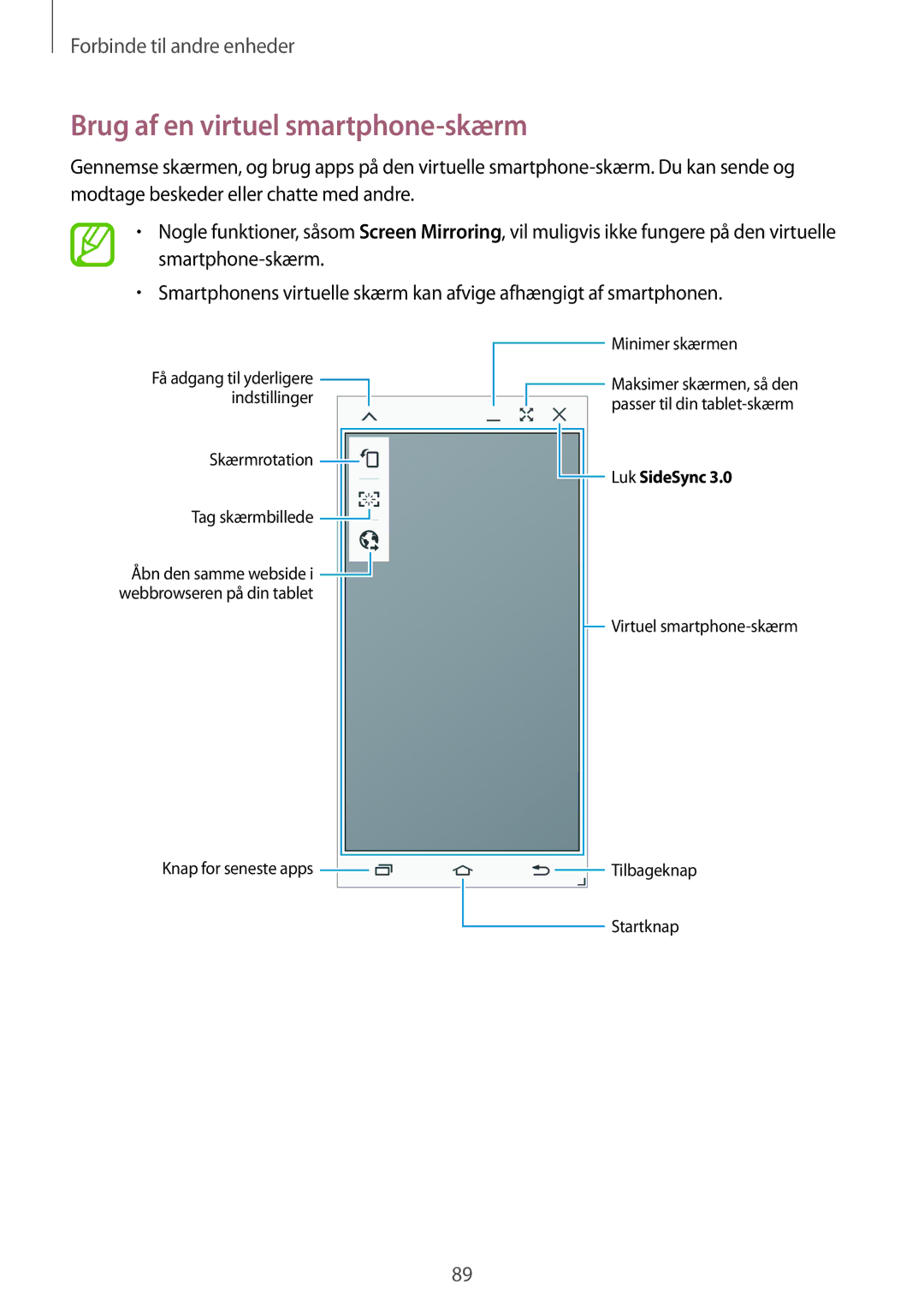 Samsung SM-P550NZBANEE, SM-P550NZWANEE, SM-P550NZAANEE manual Brug af en virtuel smartphone-skærm 