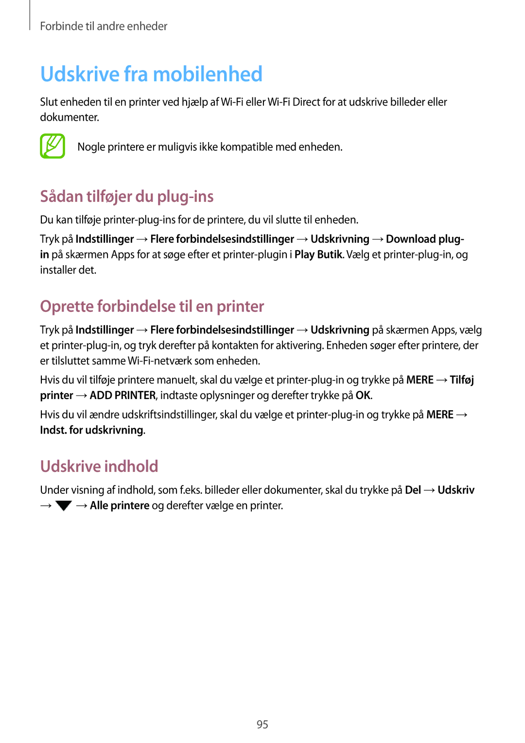 Samsung SM-P550NZBANEE manual Udskrive fra mobilenhed, Sådan tilføjer du plug-ins, Oprette forbindelse til en printer 