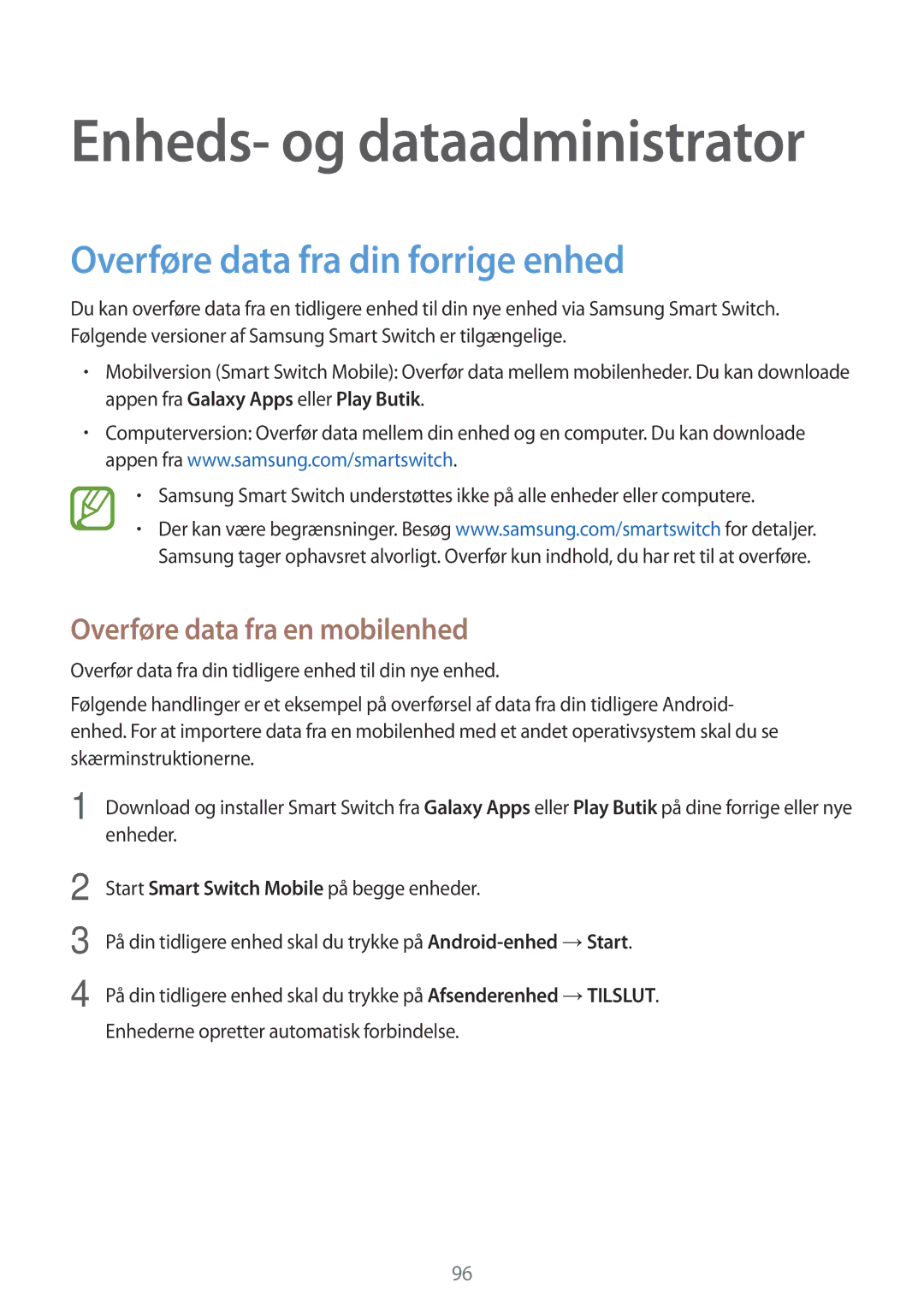 Samsung SM-P550NZWANEE, SM-P550NZAANEE, SM-P550NZBANEE Overføre data fra din forrige enhed, Overføre data fra en mobilenhed 