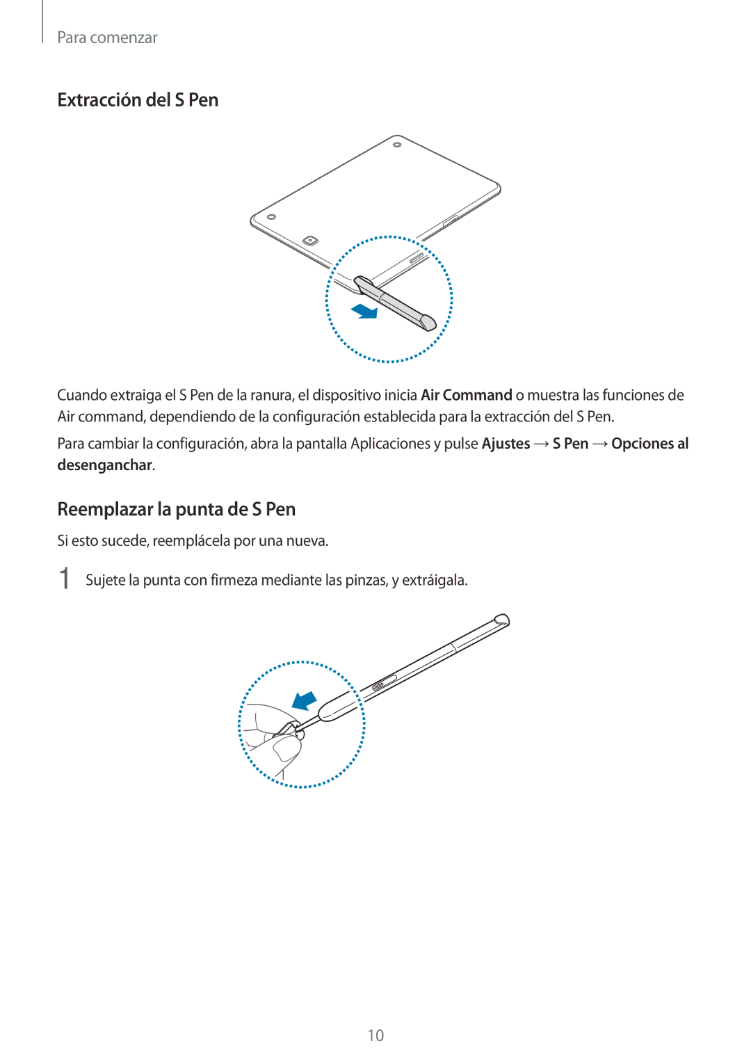 Samsung SM-P550NZWAPHE manual Extracción del S Pen, Reemplazar la punta de S Pen 