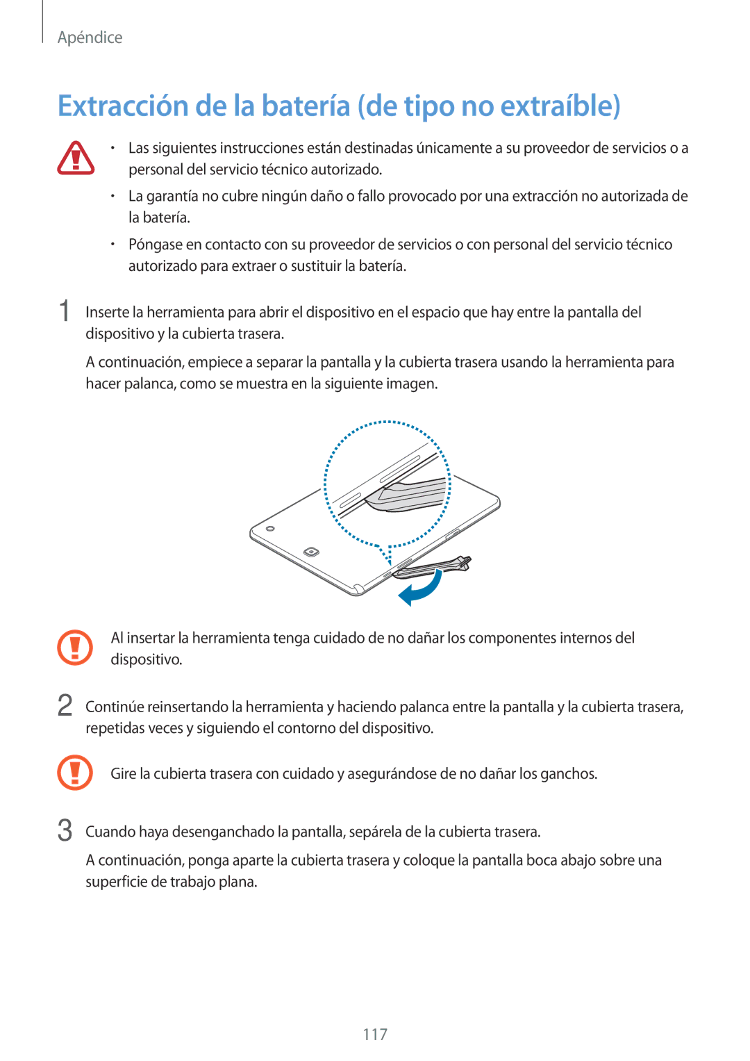 Samsung SM-P550NZWAPHE manual Extracción de la batería de tipo no extraíble 