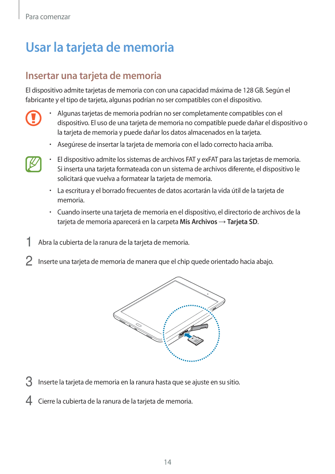 Samsung SM-P550NZWAPHE manual Usar la tarjeta de memoria, Insertar una tarjeta de memoria 