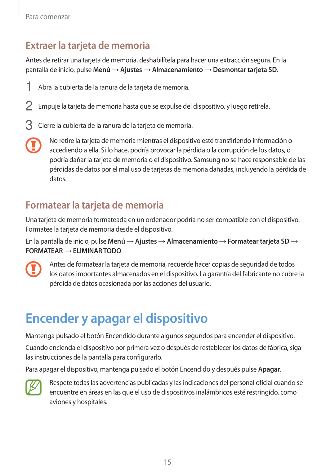 Samsung SM-P550NZWAPHE Encender y apagar el dispositivo, Extraer la tarjeta de memoria, Formatear la tarjeta de memoria 