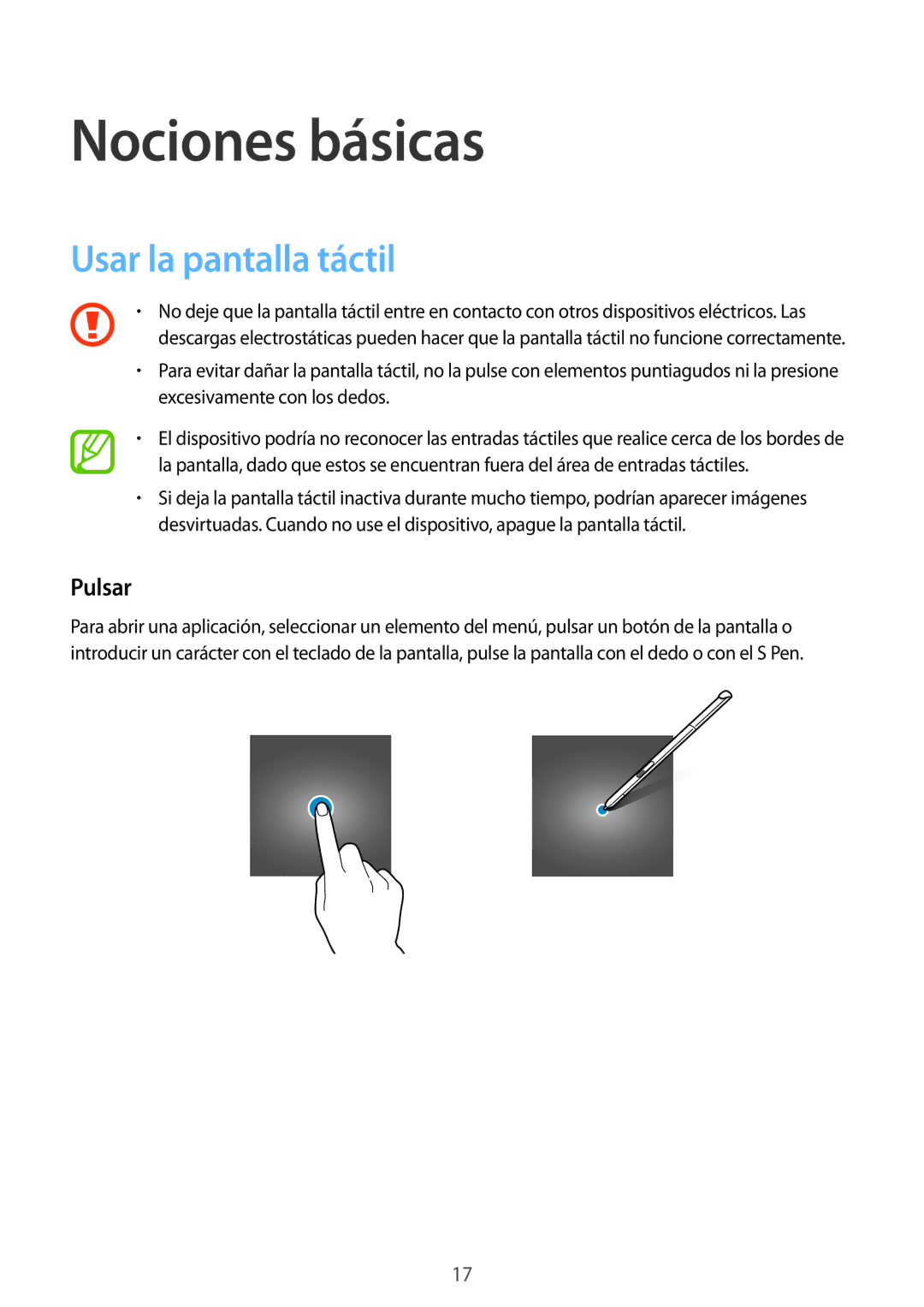 Samsung SM-P550NZWAPHE manual Nociones básicas, Usar la pantalla táctil, Pulsar 