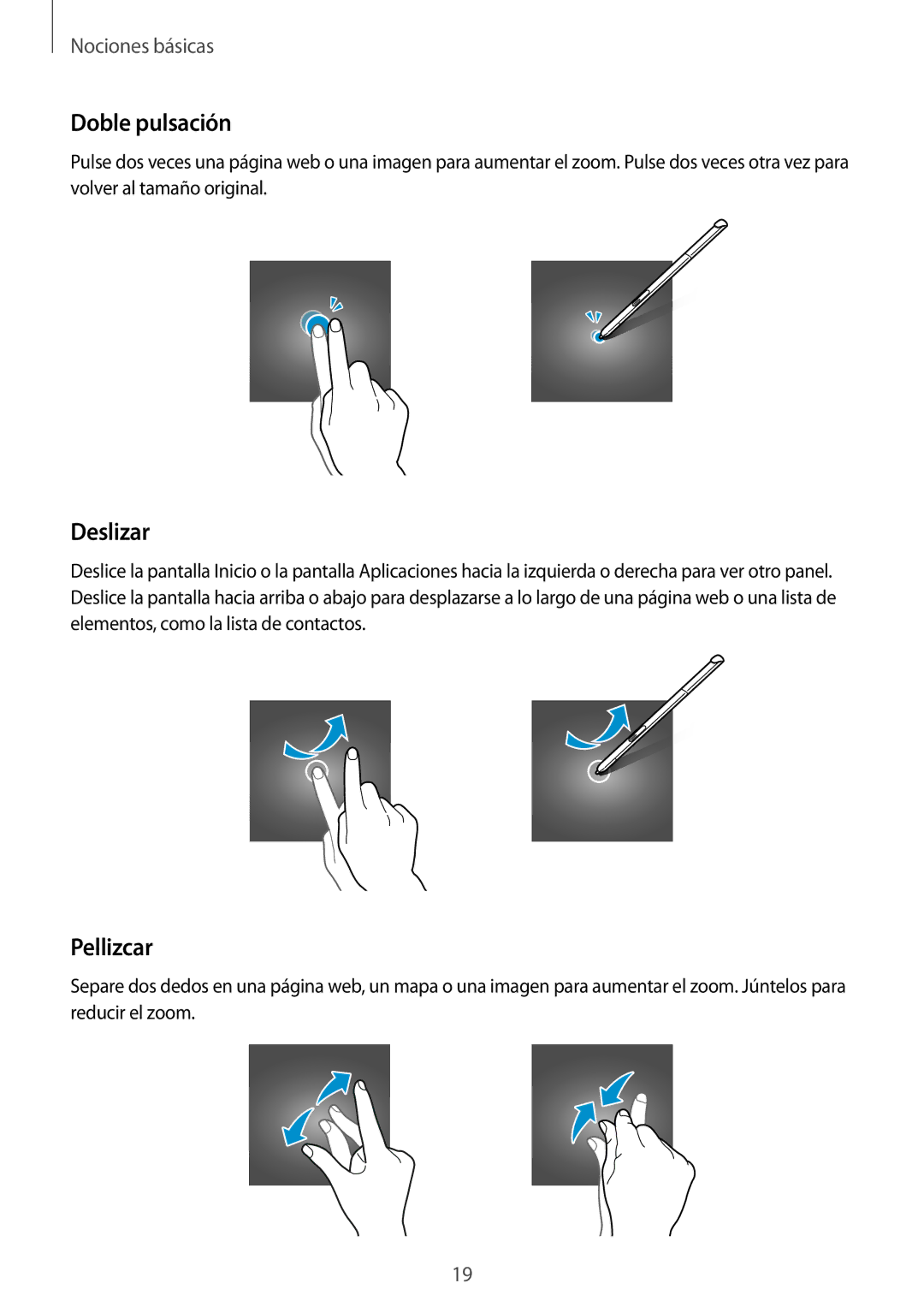 Samsung SM-P550NZWAPHE manual Doble pulsación, Deslizar, Pellizcar 