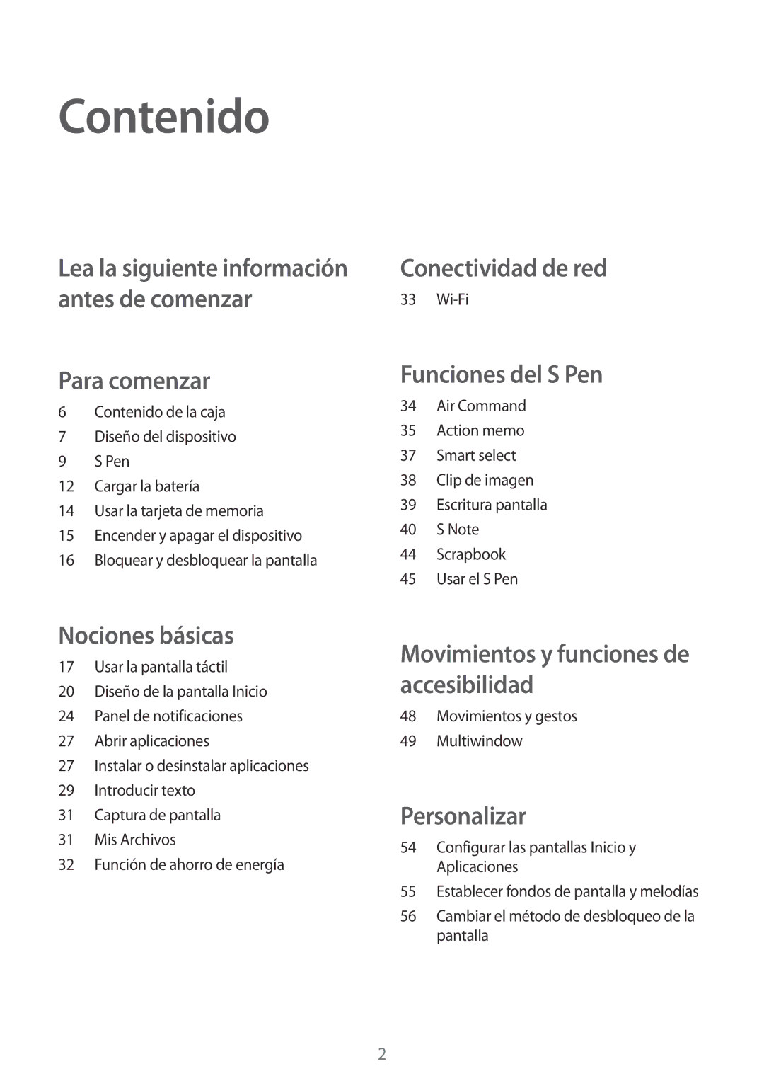 Samsung SM-P550NZWAPHE manual Contenido, Para comenzar 