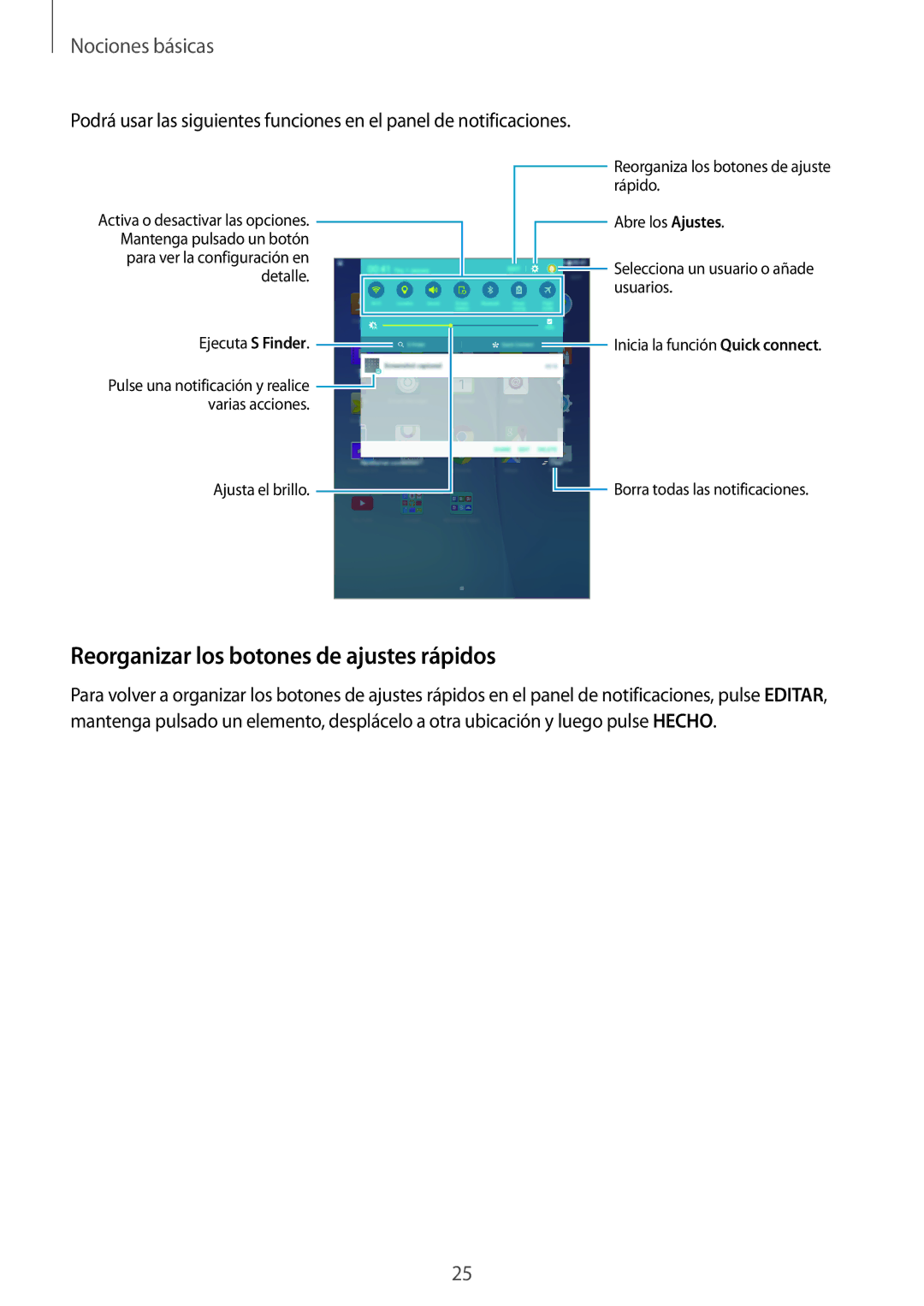 Samsung SM-P550NZWAPHE manual Reorganizar los botones de ajustes rápidos 