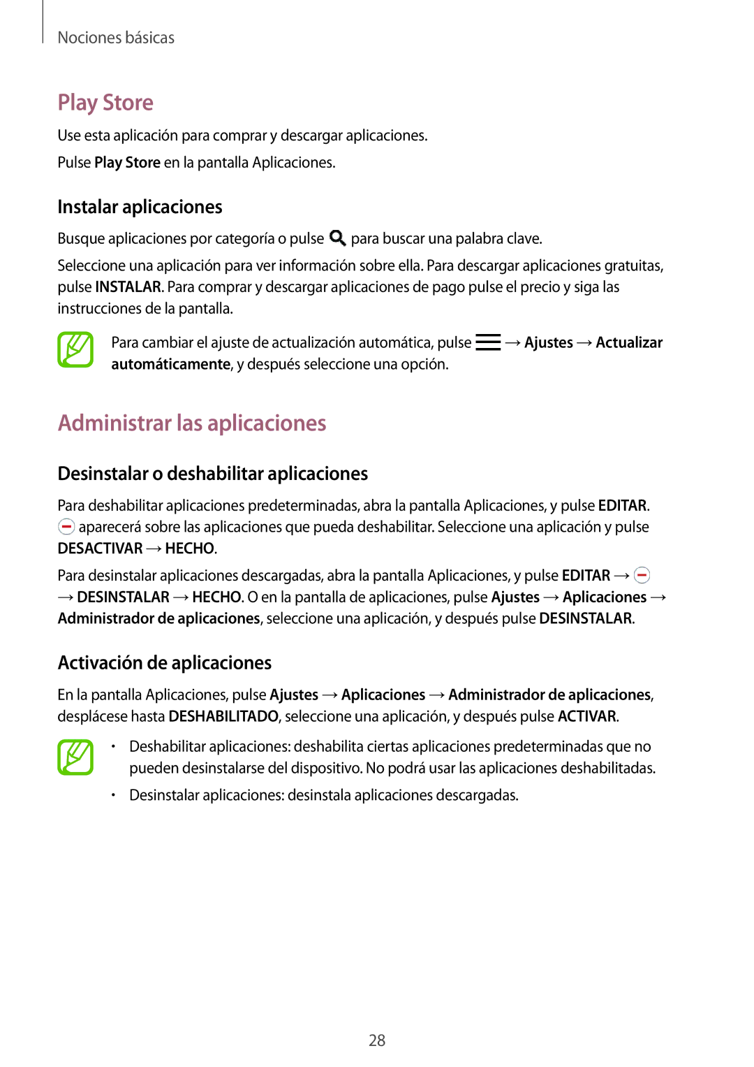 Samsung SM-P550NZWAPHE manual Play Store, Administrar las aplicaciones, Desinstalar o deshabilitar aplicaciones 