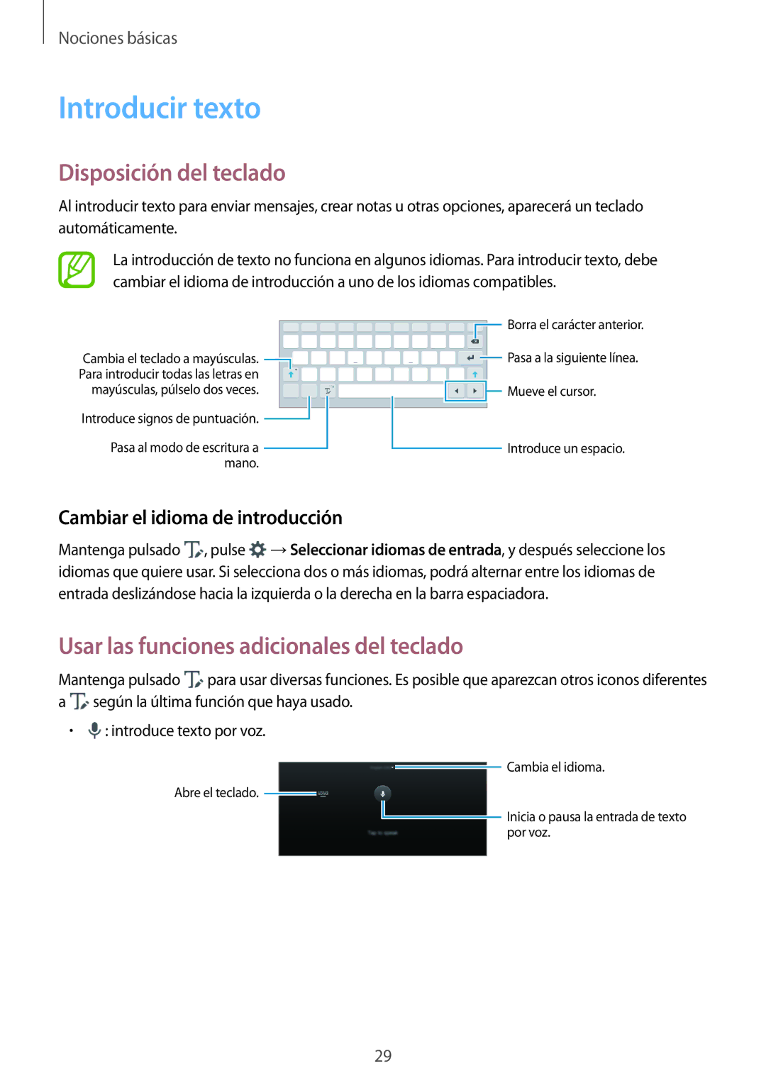 Samsung SM-P550NZWAPHE manual Introducir texto, Disposición del teclado, Usar las funciones adicionales del teclado 