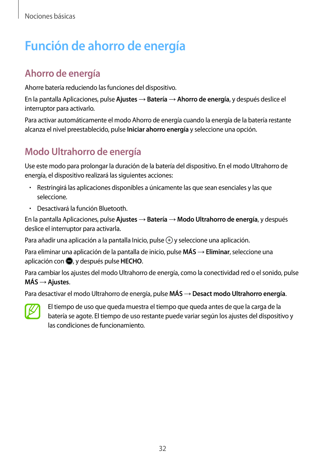 Samsung SM-P550NZWAPHE manual Función de ahorro de energía, Ahorro de energía, Modo Ultrahorro de energía 